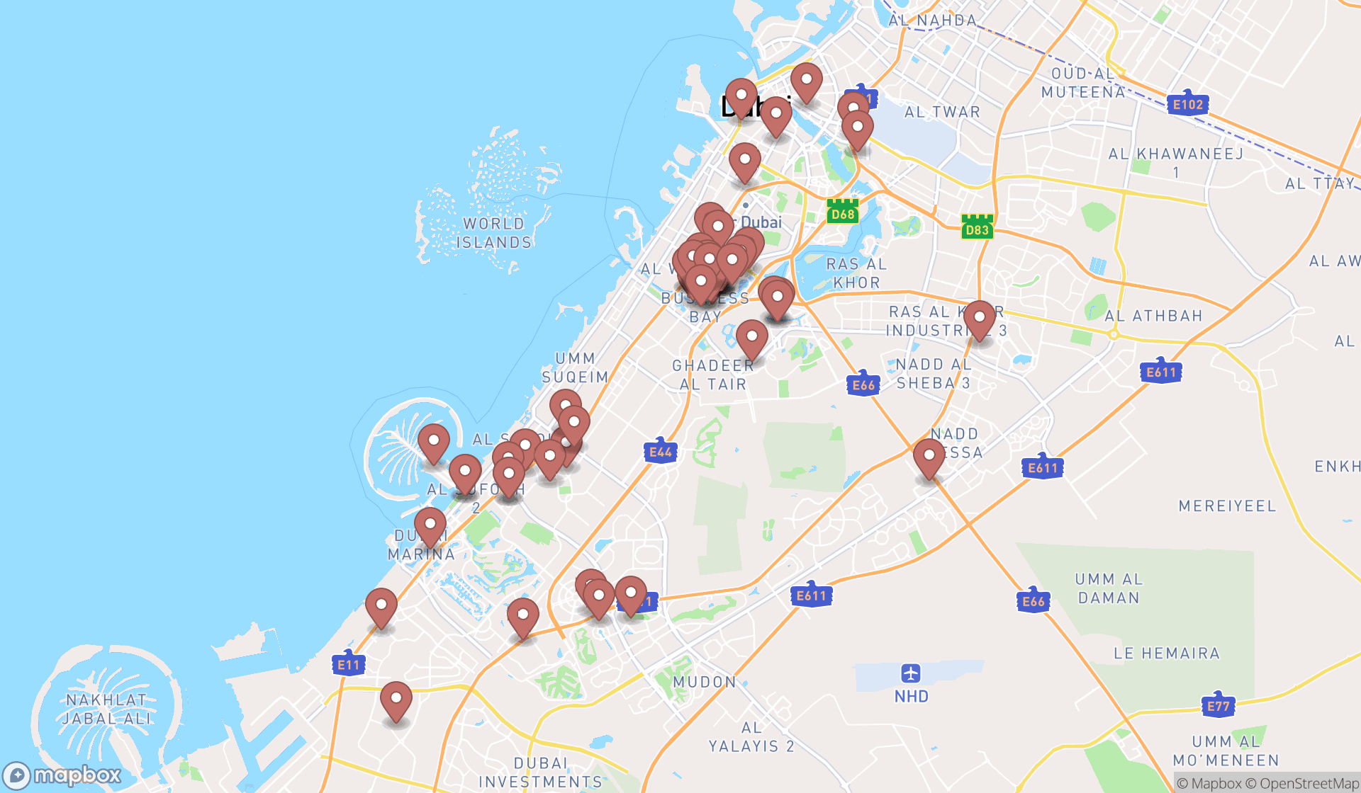 Map showing the search results in Dubai