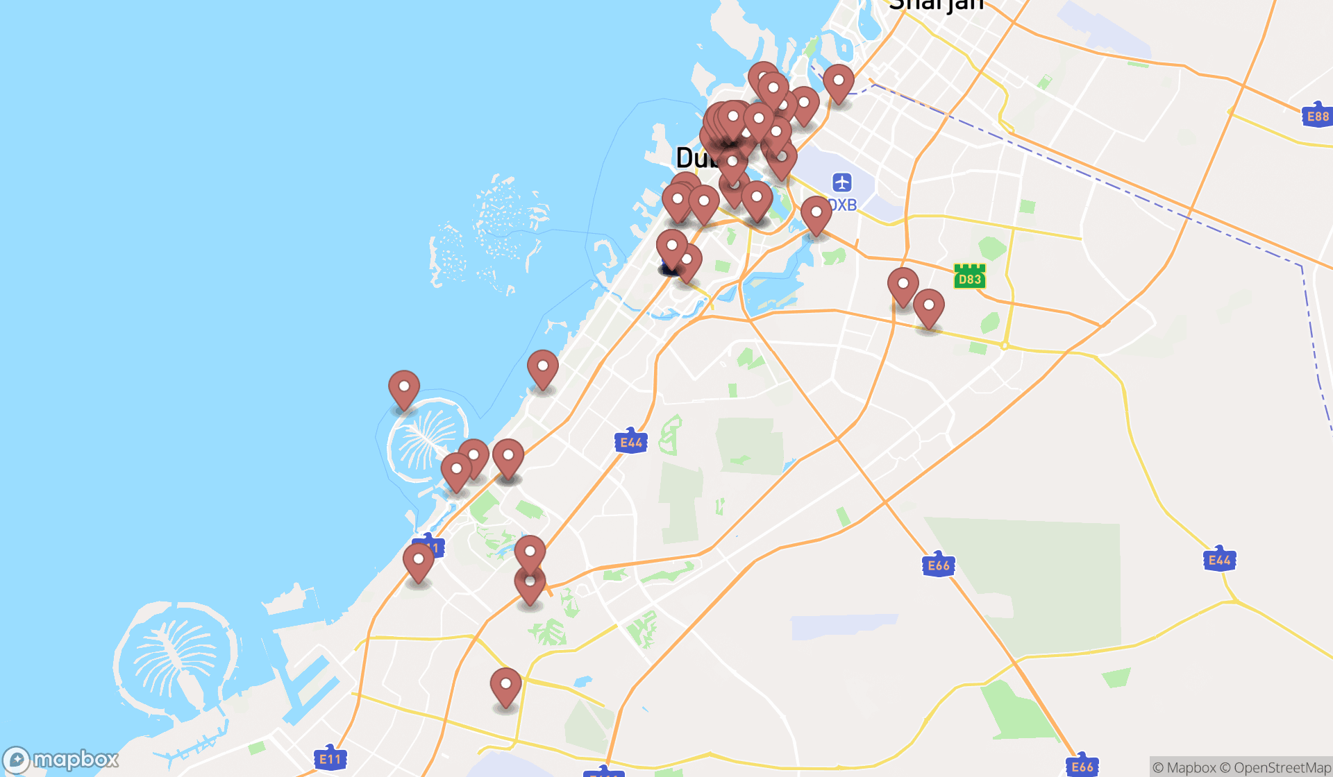 Map showing the search results in Dubai