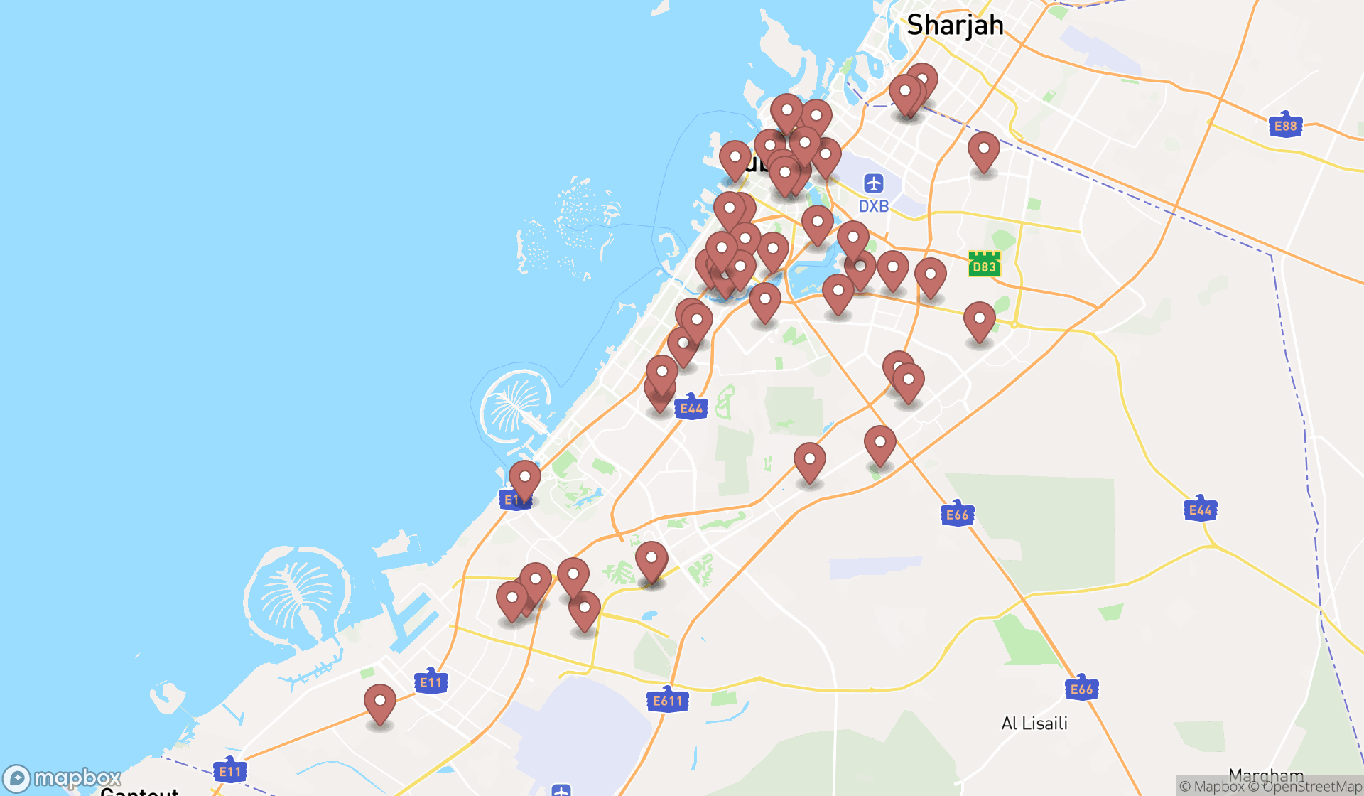 Map showing the search results in Dubai