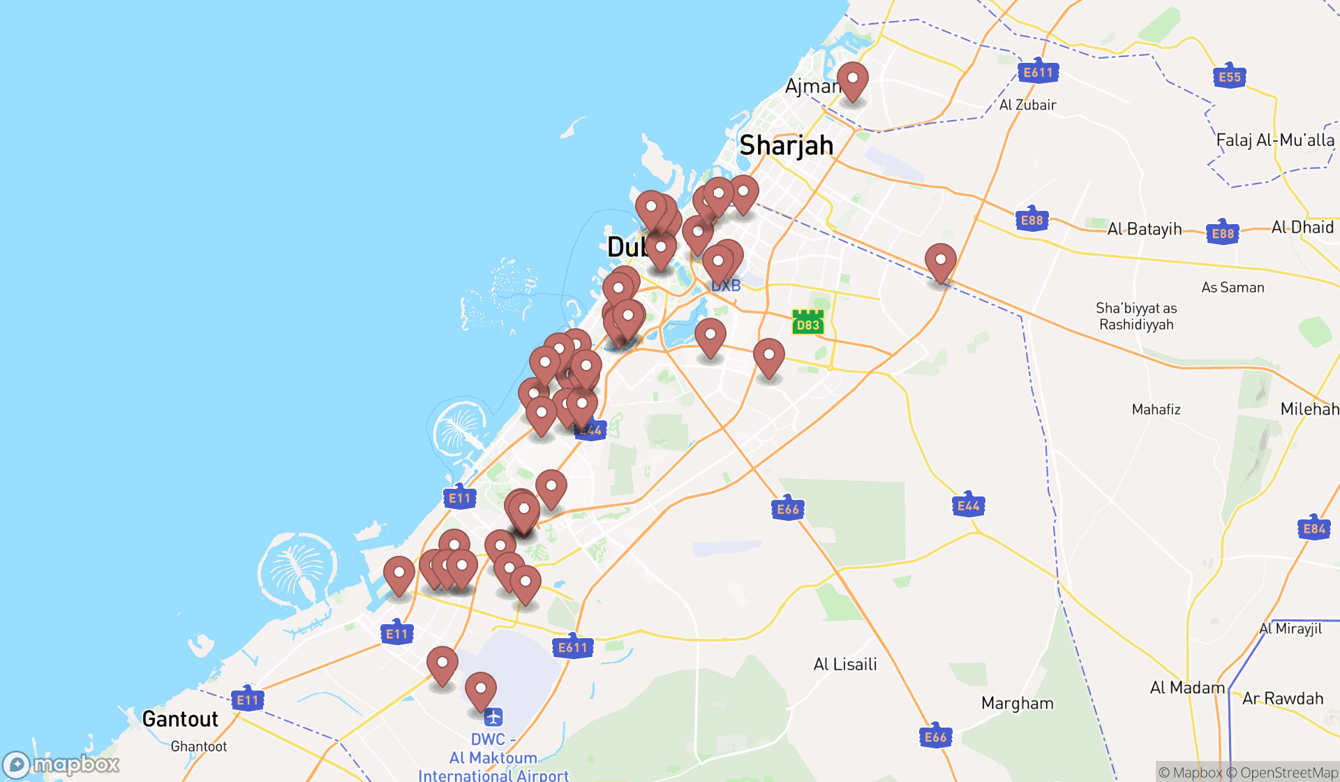 Map showing the search results in Dubai