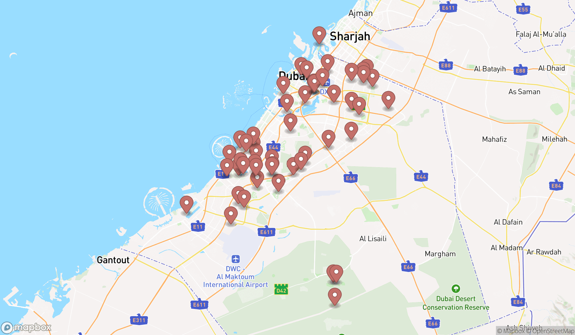 Map showing the search results in Dubai