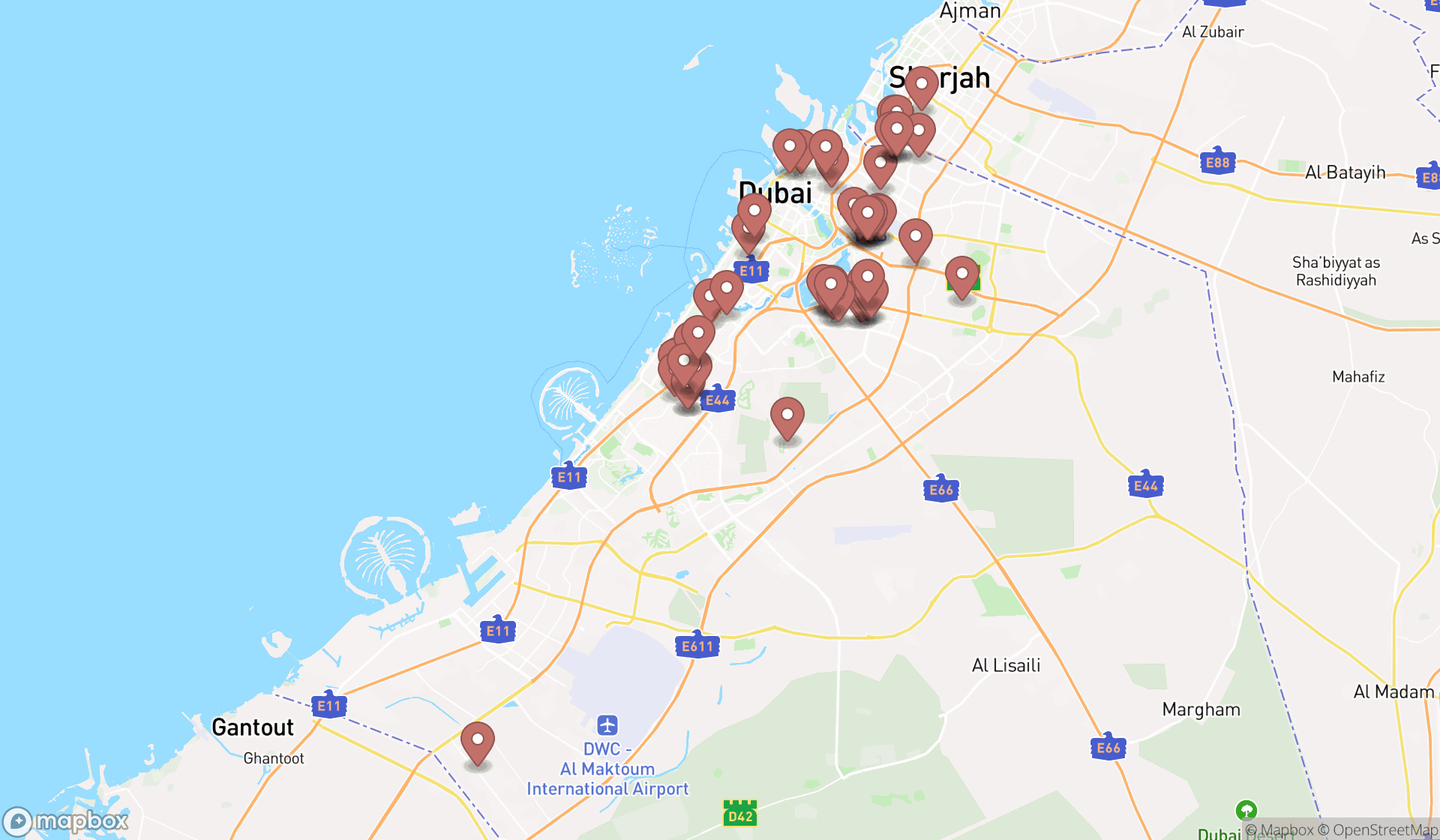 Map showing the search results in Dubai
