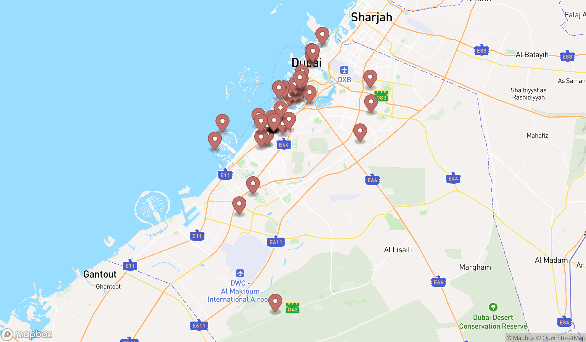 Map showing the search results in Dubai