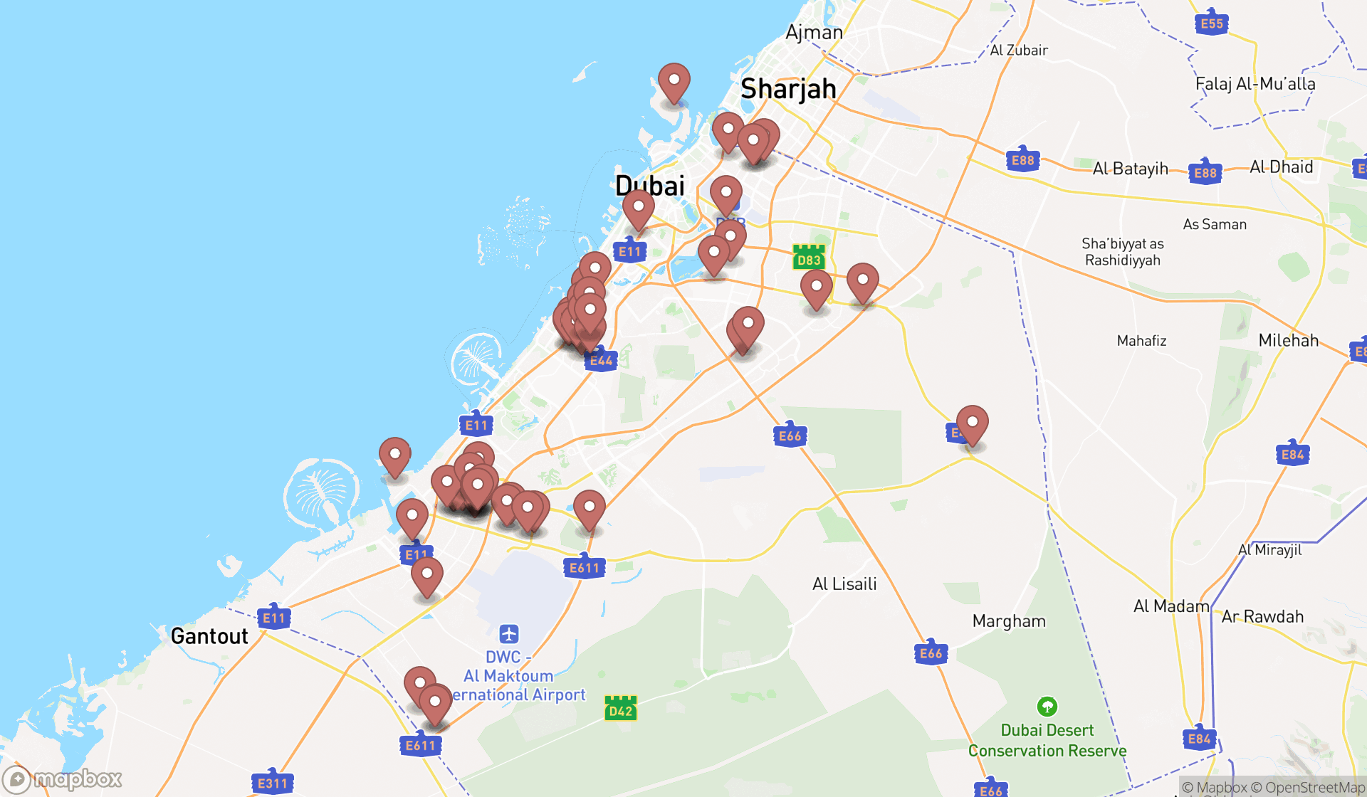 Map showing the search results in Dubai