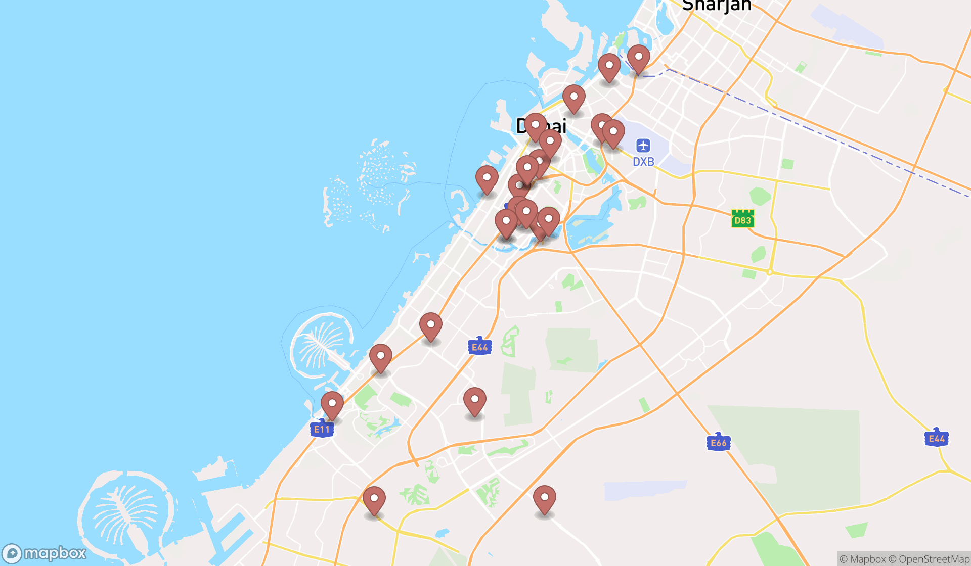 Map showing the search results in Dubai