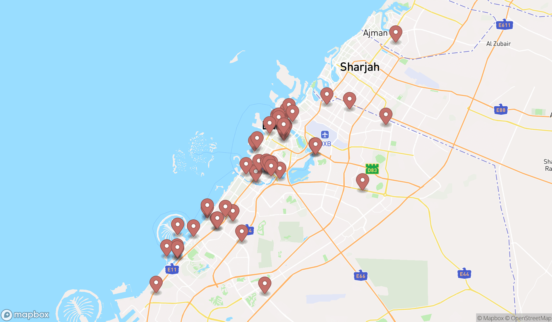 Map showing the search results in Dubai