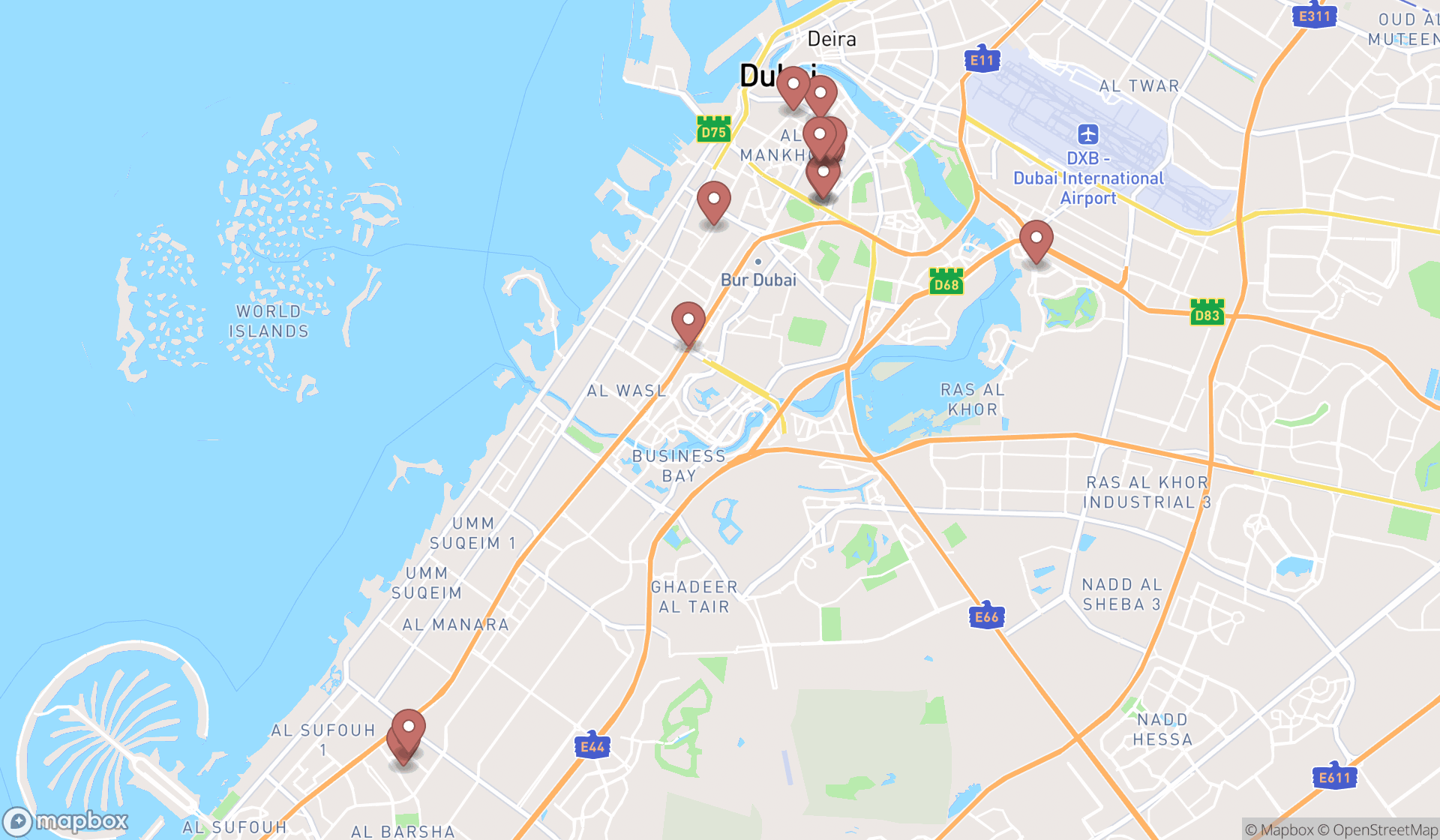 Map showing the search results in Dubai