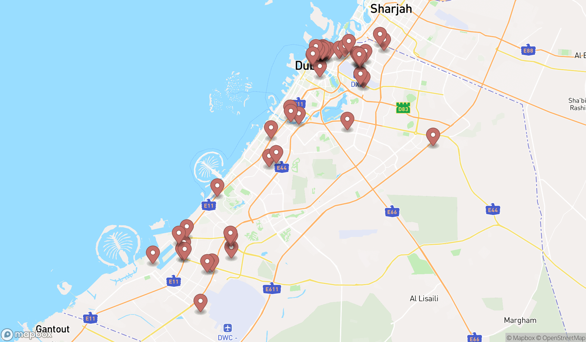Map showing the search results in Dubai