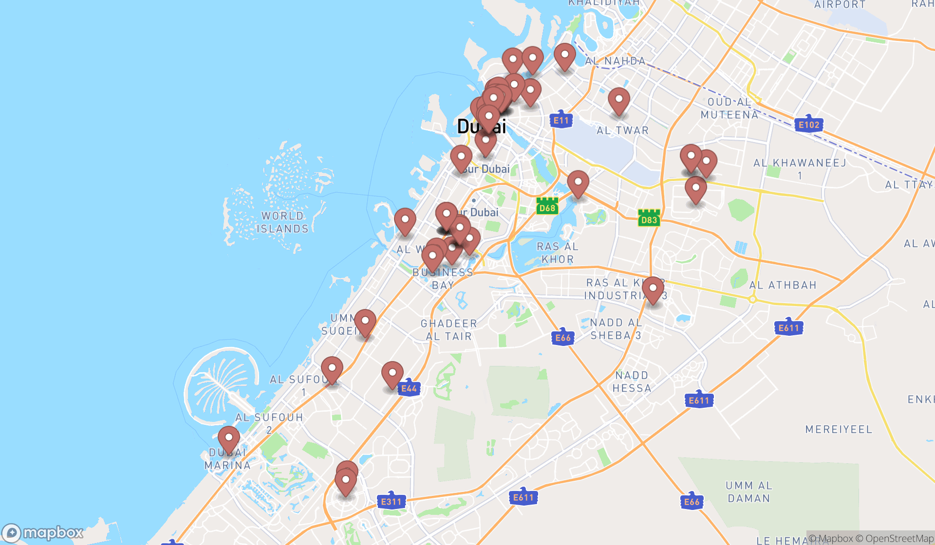 Map showing the search results in Dubai