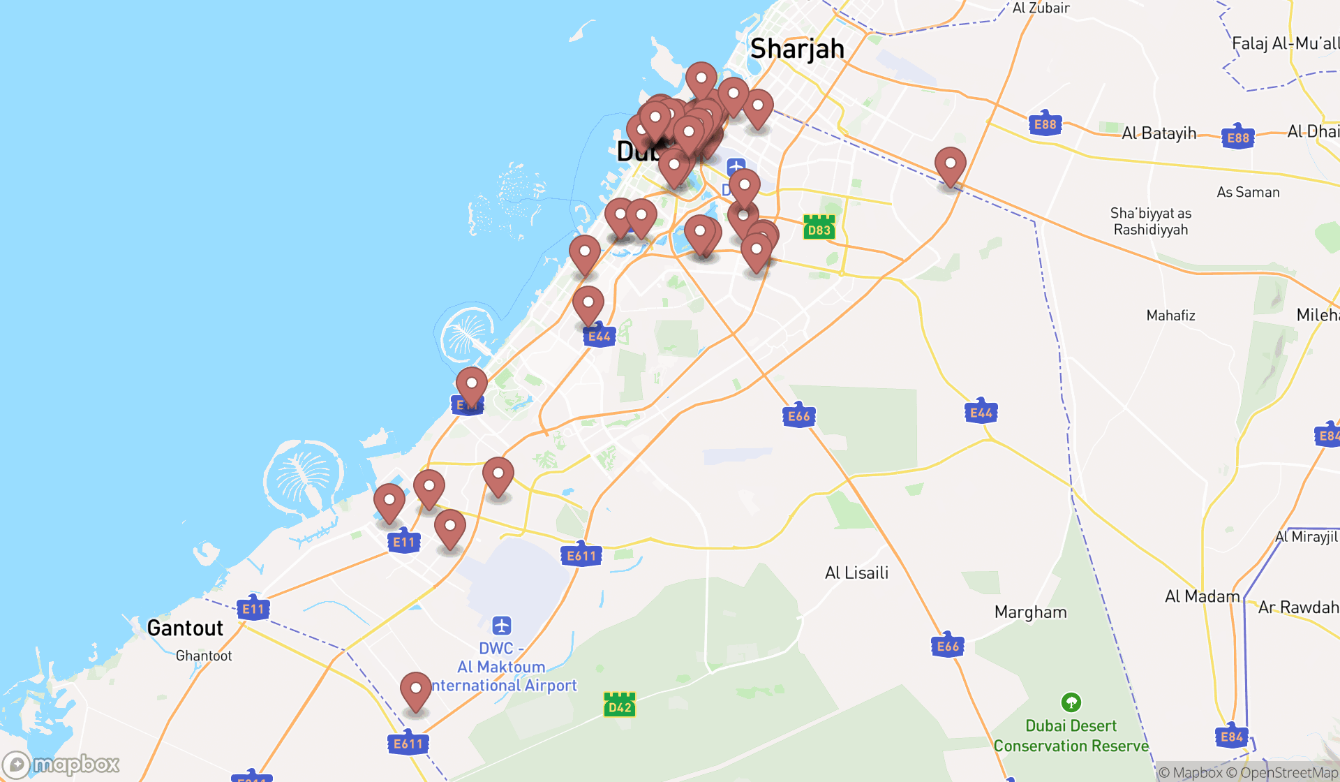 Map showing the search results in Dubai