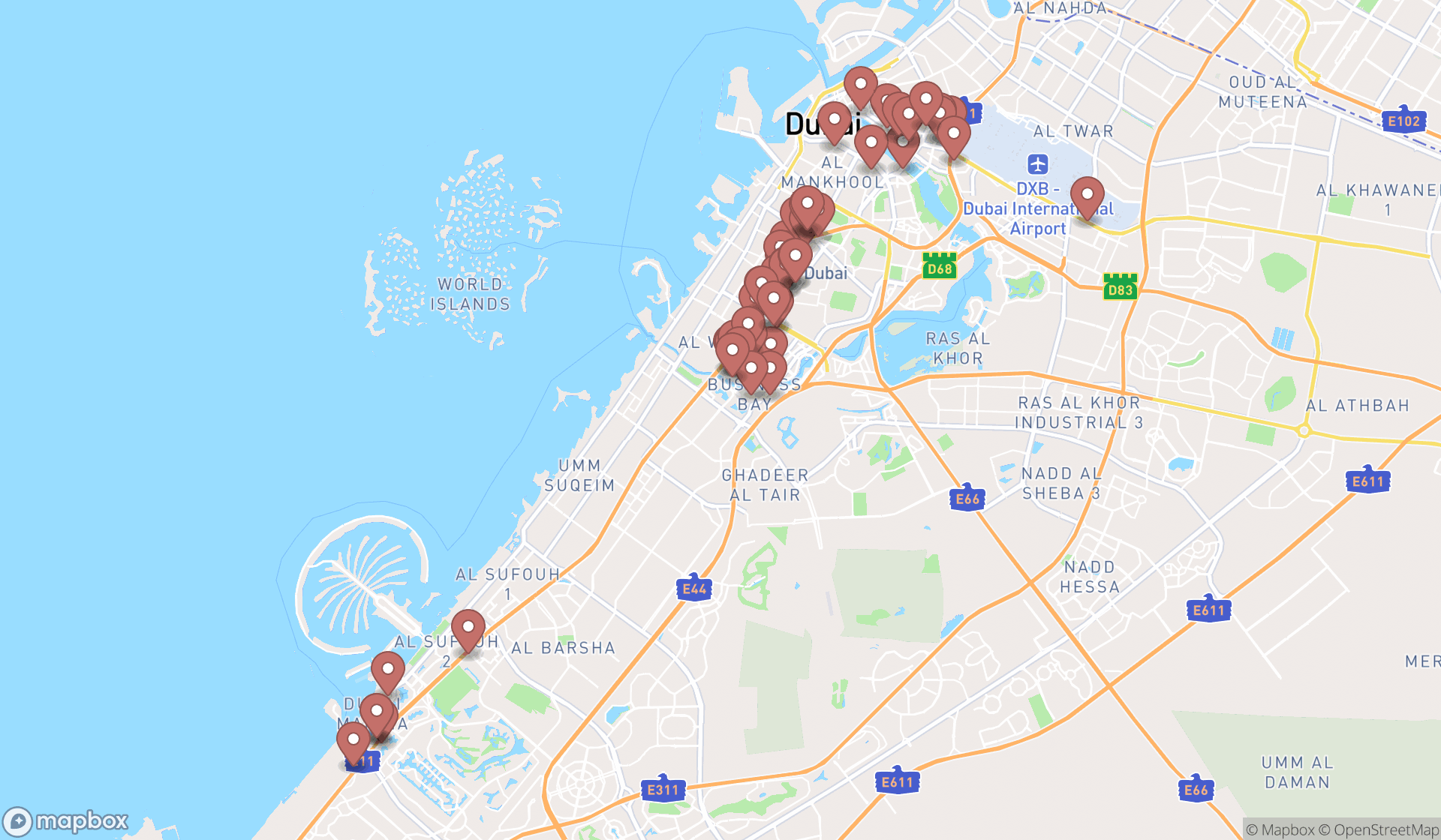 Map showing the search results in Dubai