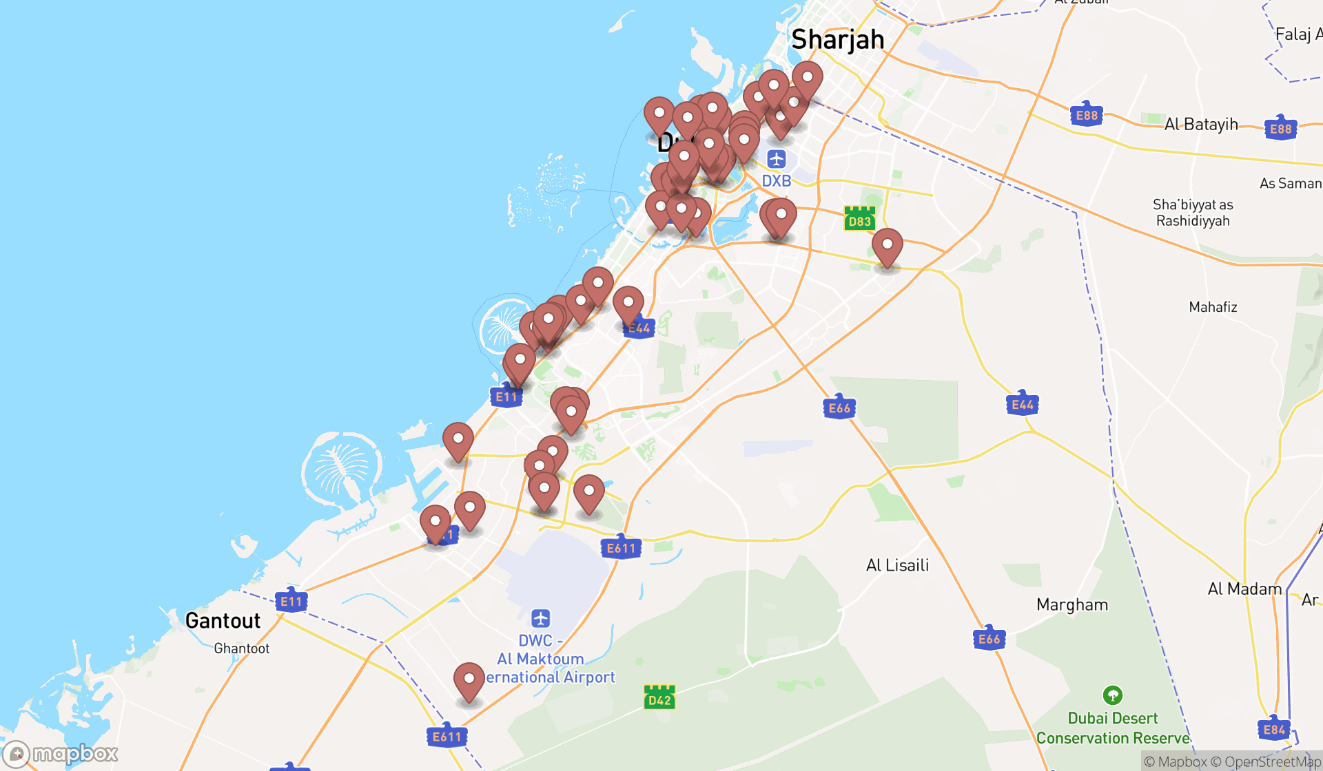 Map showing the search results in Dubai