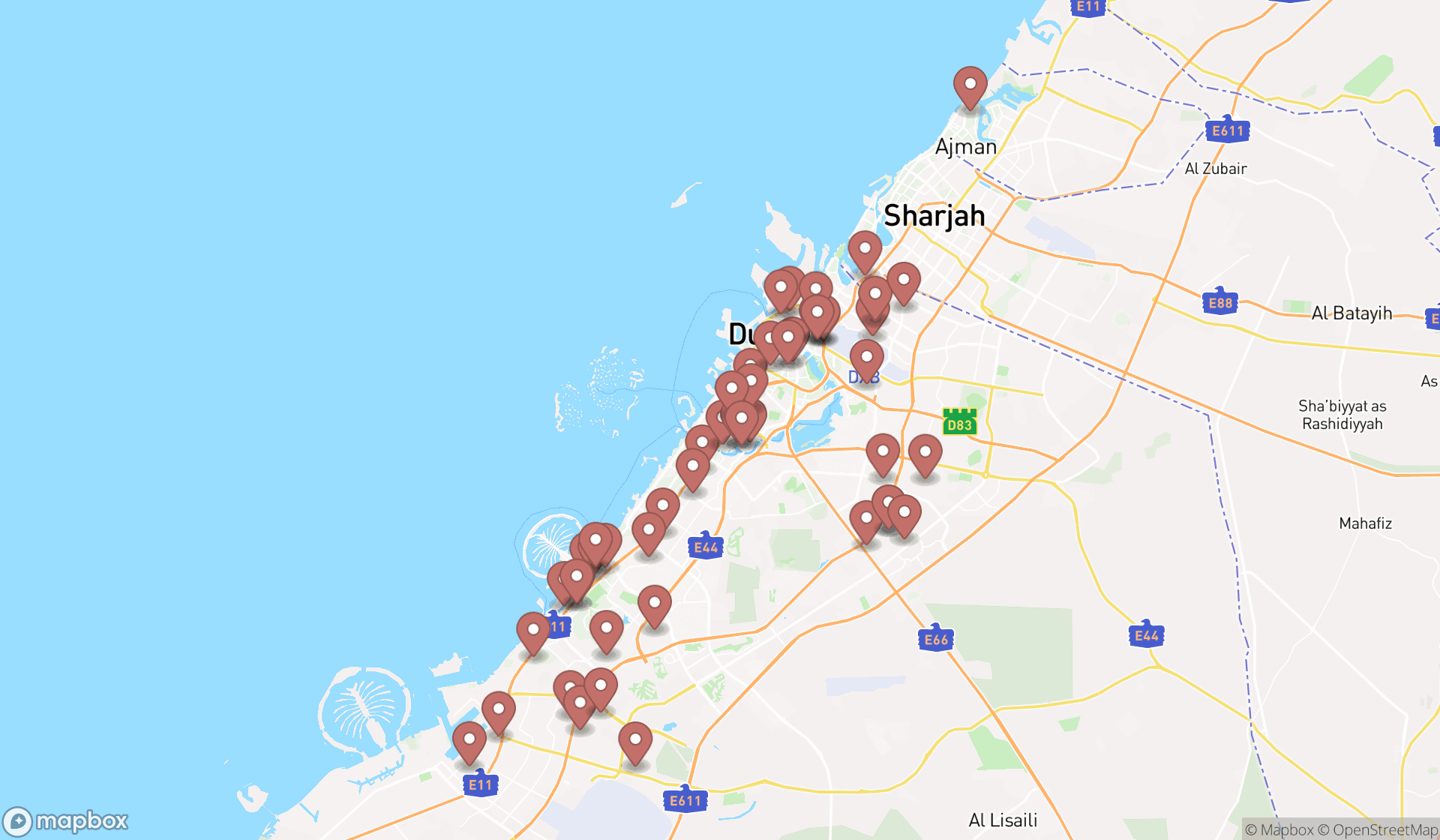Map showing the search results in Dubai