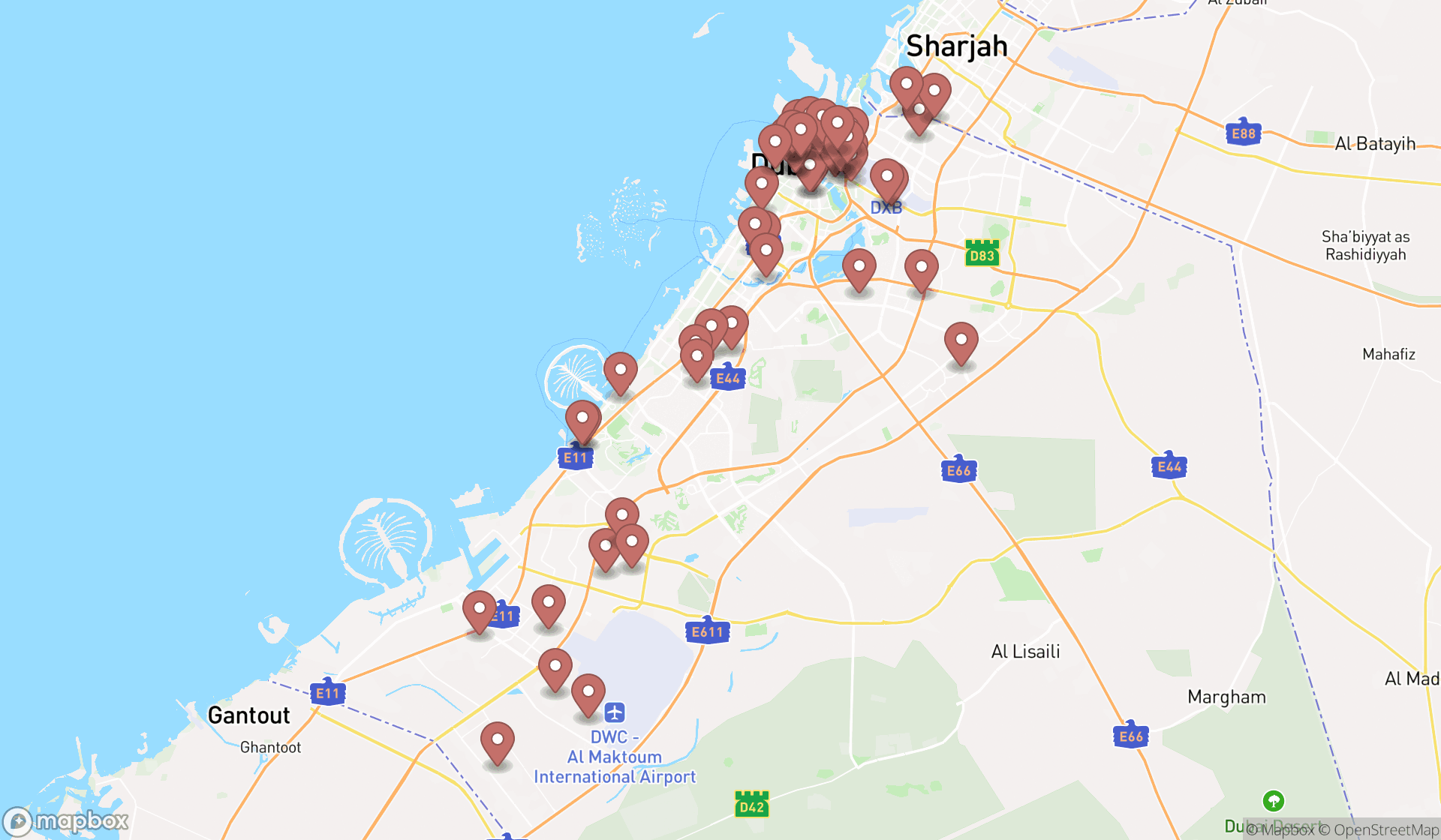 Map showing the search results in Dubai