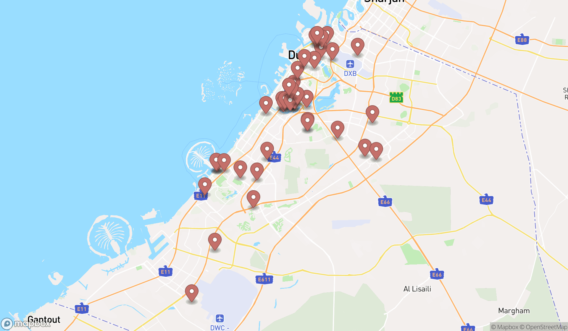 Map showing the search results in Dubai