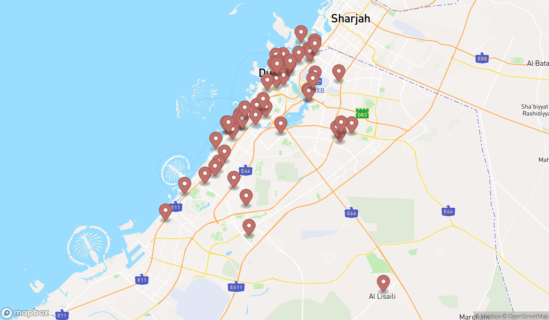 Map showing the search results in Dubai