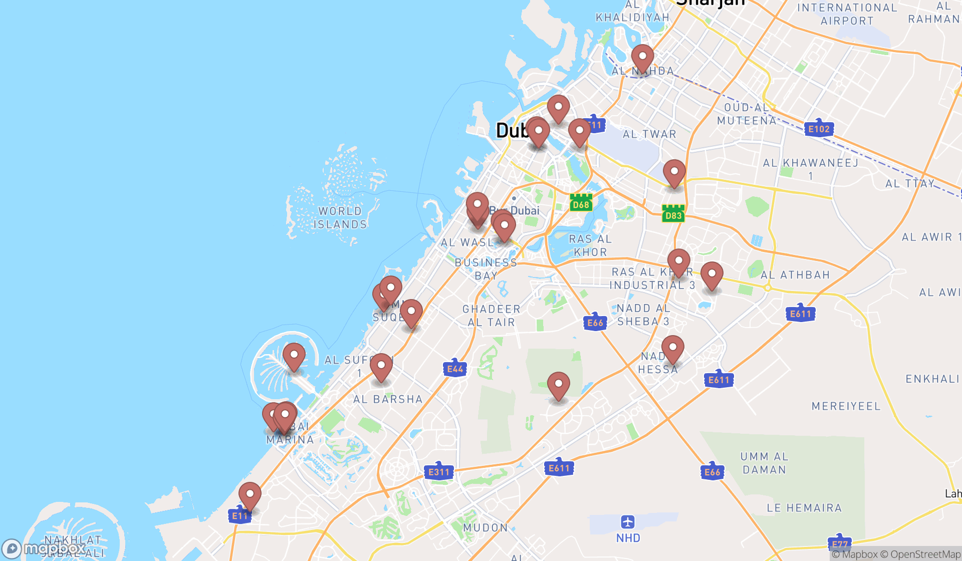 Map showing the search results in Dubai