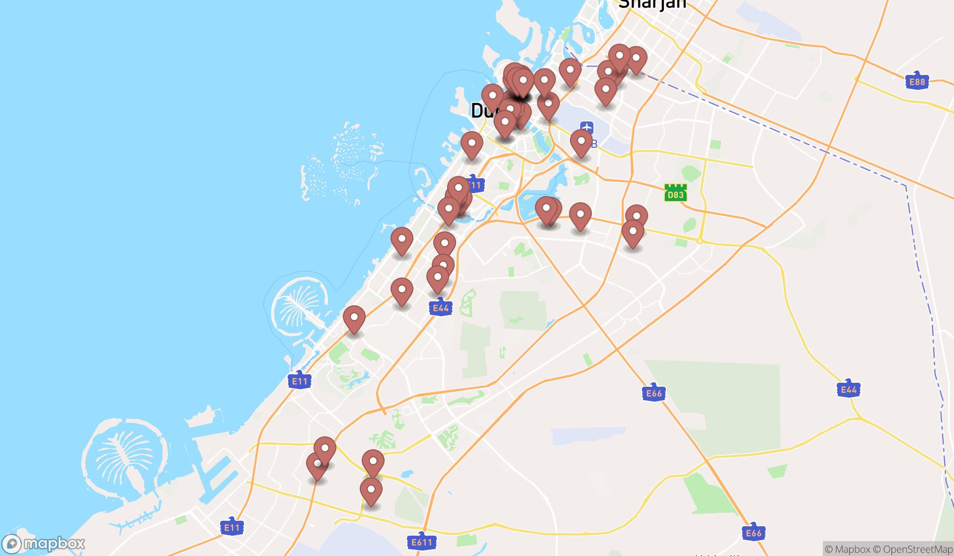 Map showing the search results in Dubai