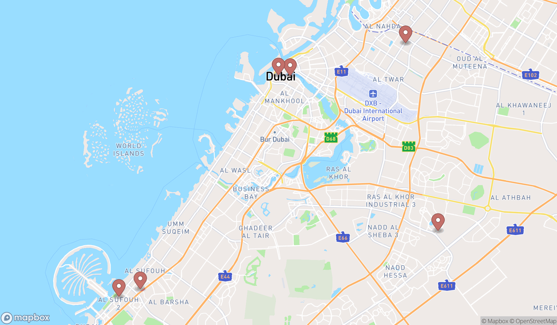 Map showing the search results in Dubai