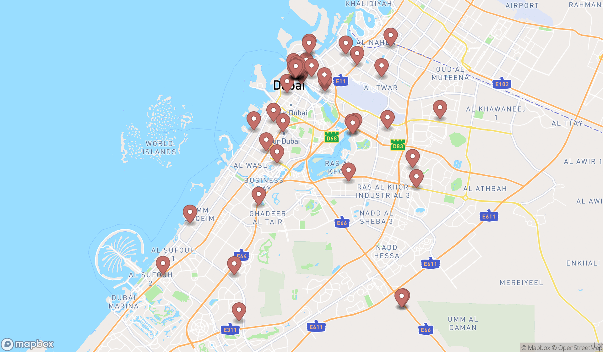 Map showing the search results in Dubai