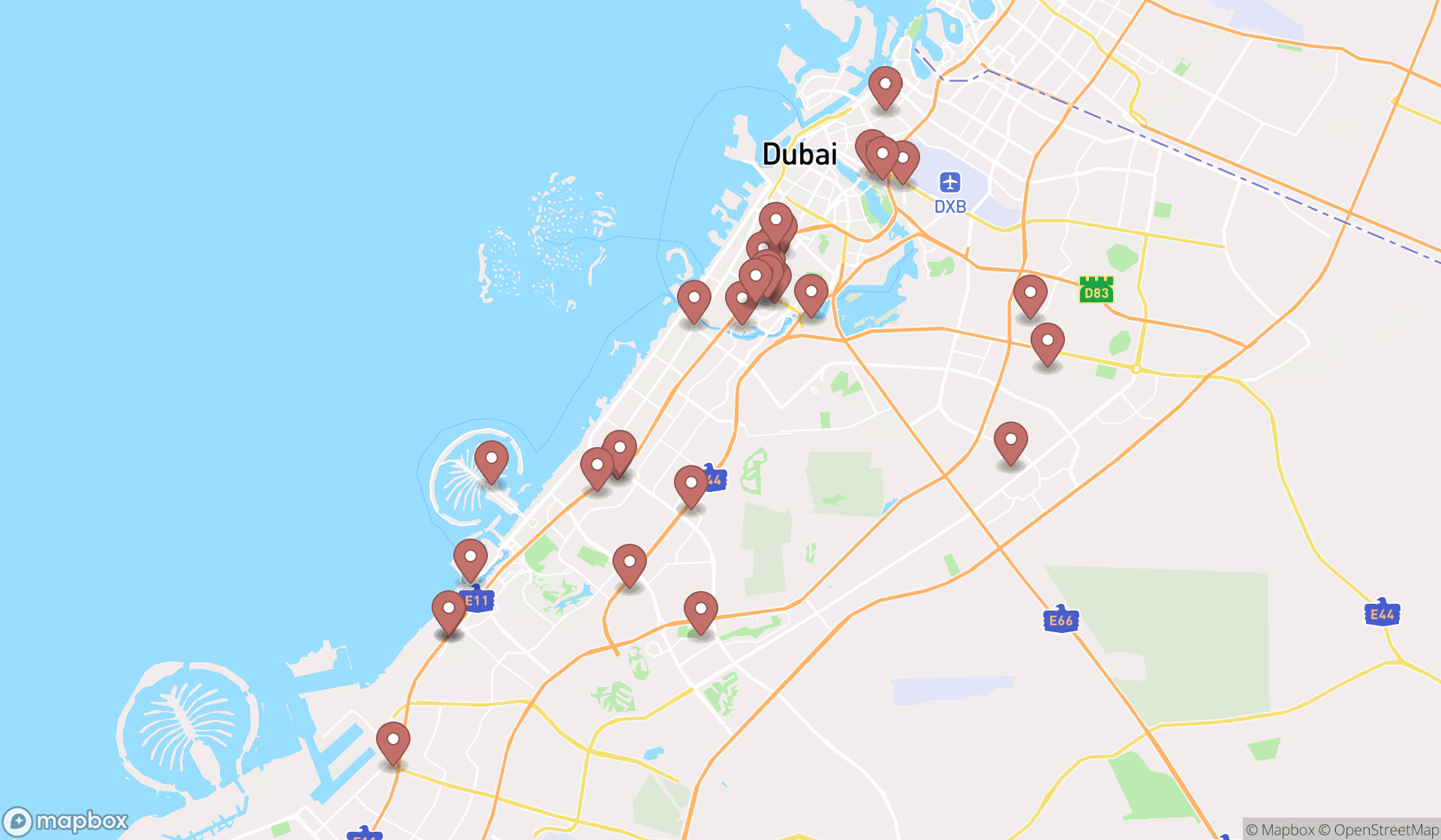 Map showing the search results in Dubai