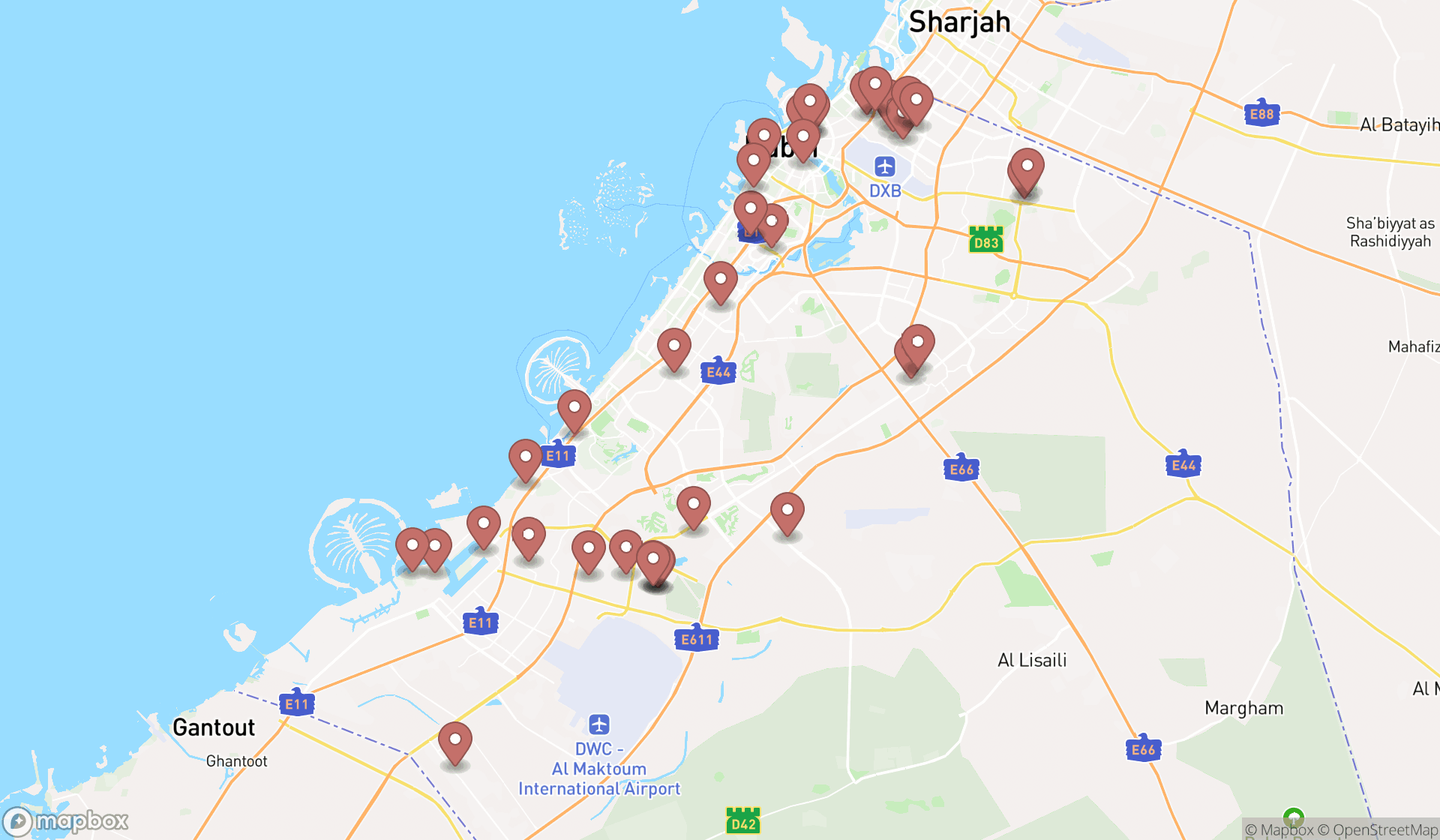 Map showing the search results in Dubai