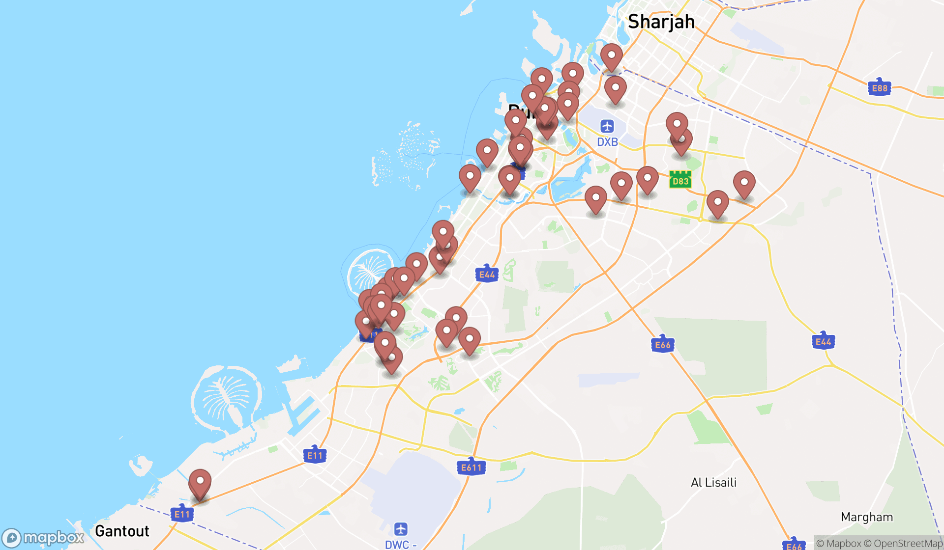 Map showing the search results in Dubai