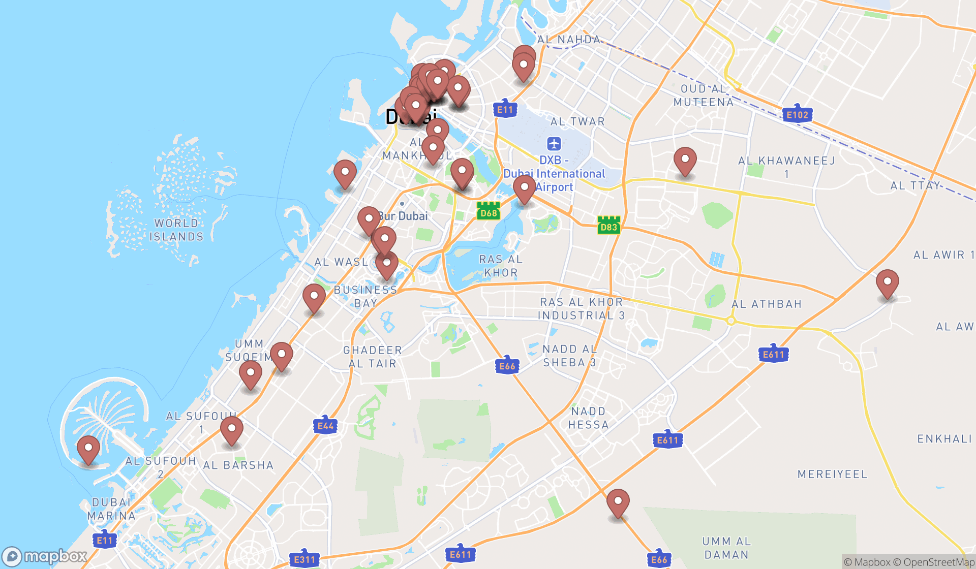 Map showing the search results in Dubai