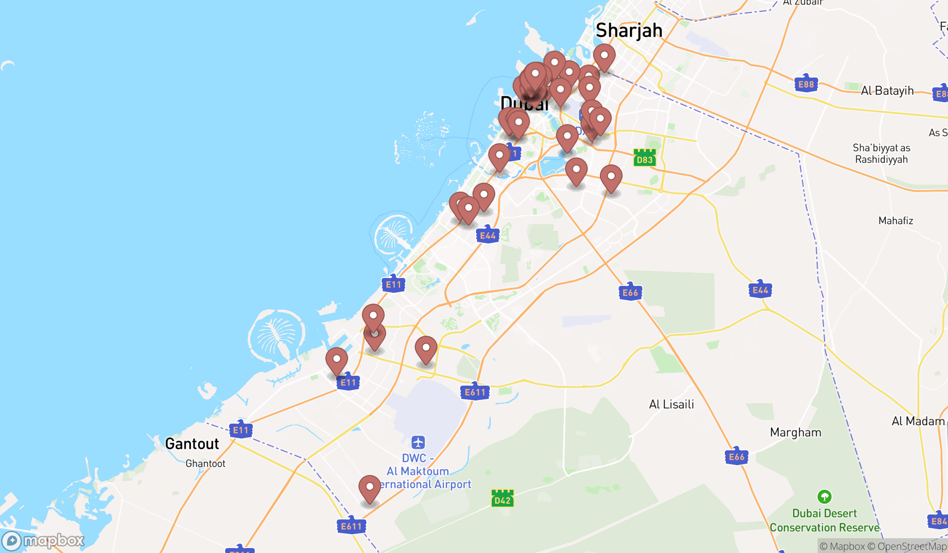 Map showing the search results in Dubai