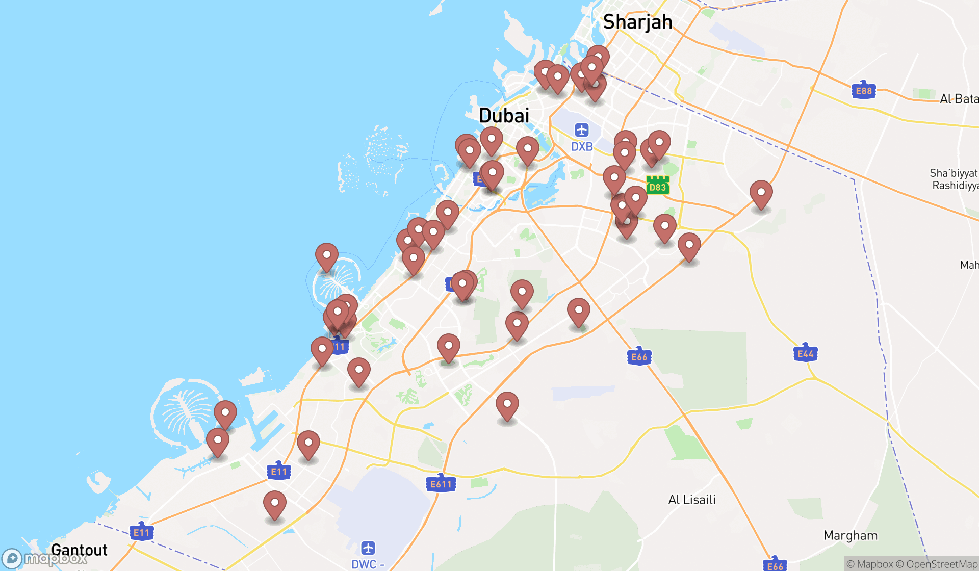 Map showing the search results in Dubai