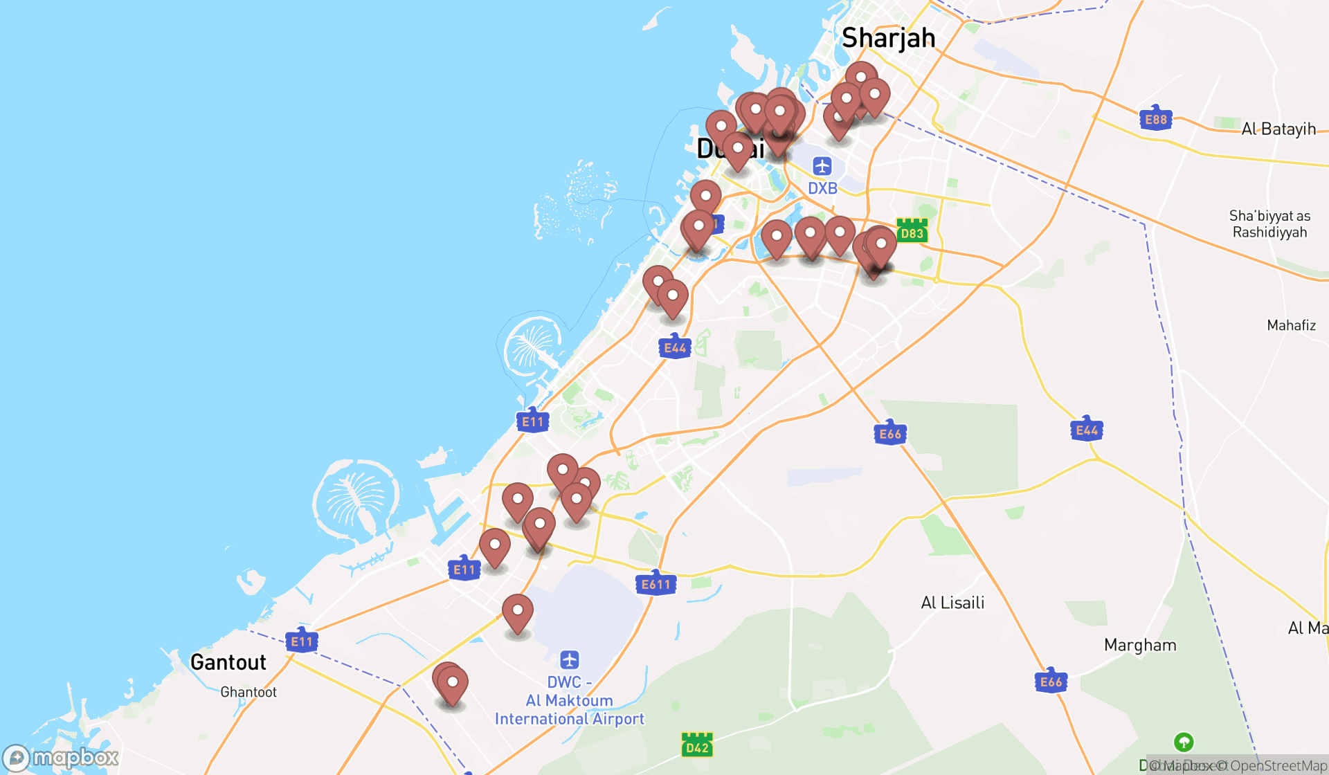 Map showing the search results in Dubai