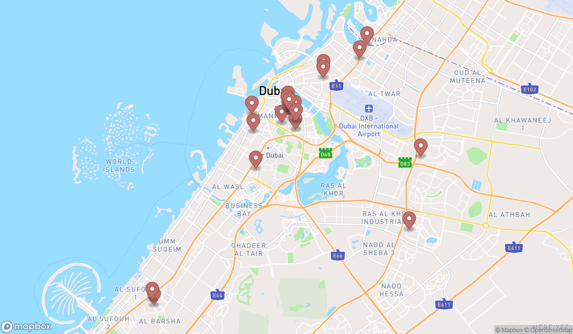 Map showing the search results in Dubai