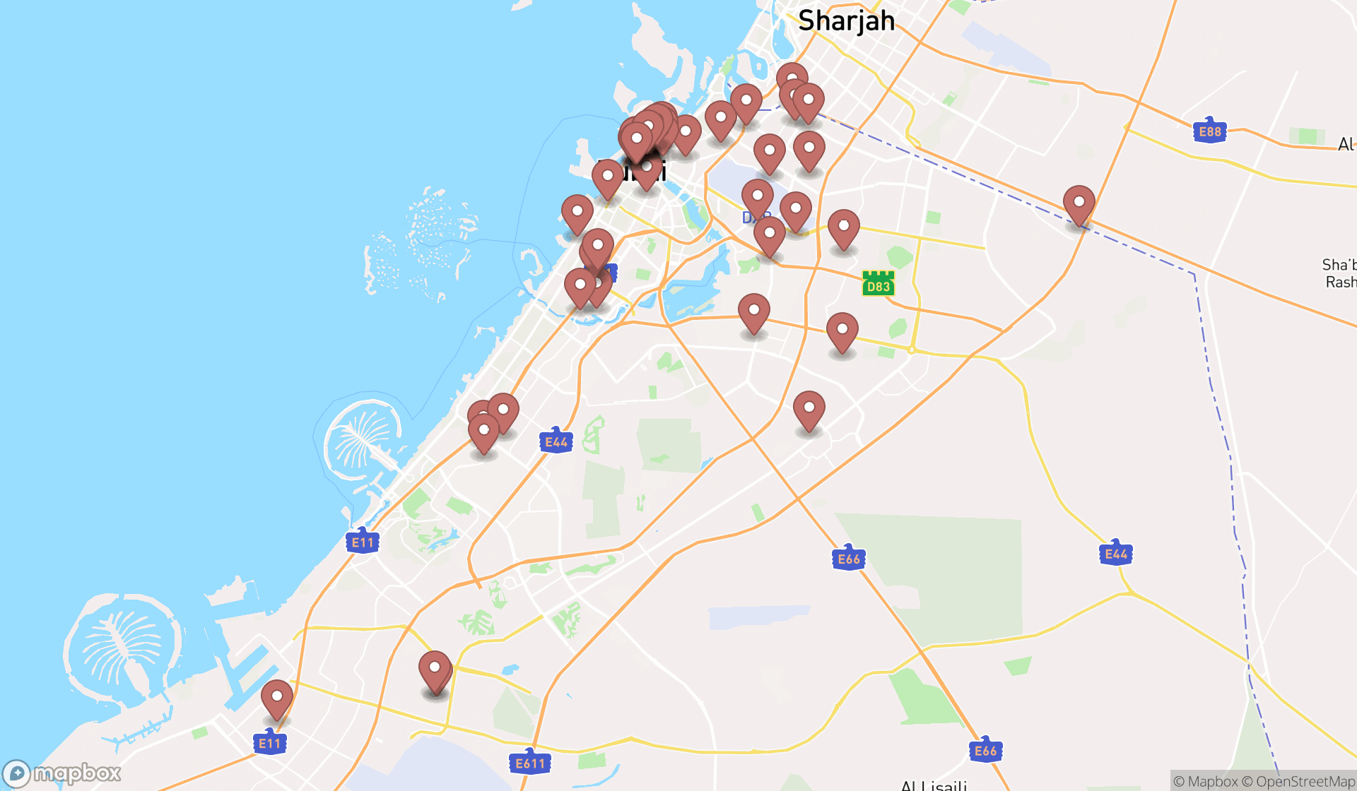 Map showing the search results in Dubai