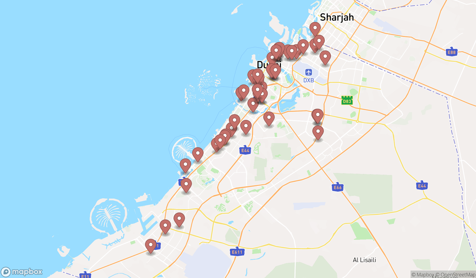 Map showing the search results in Dubai