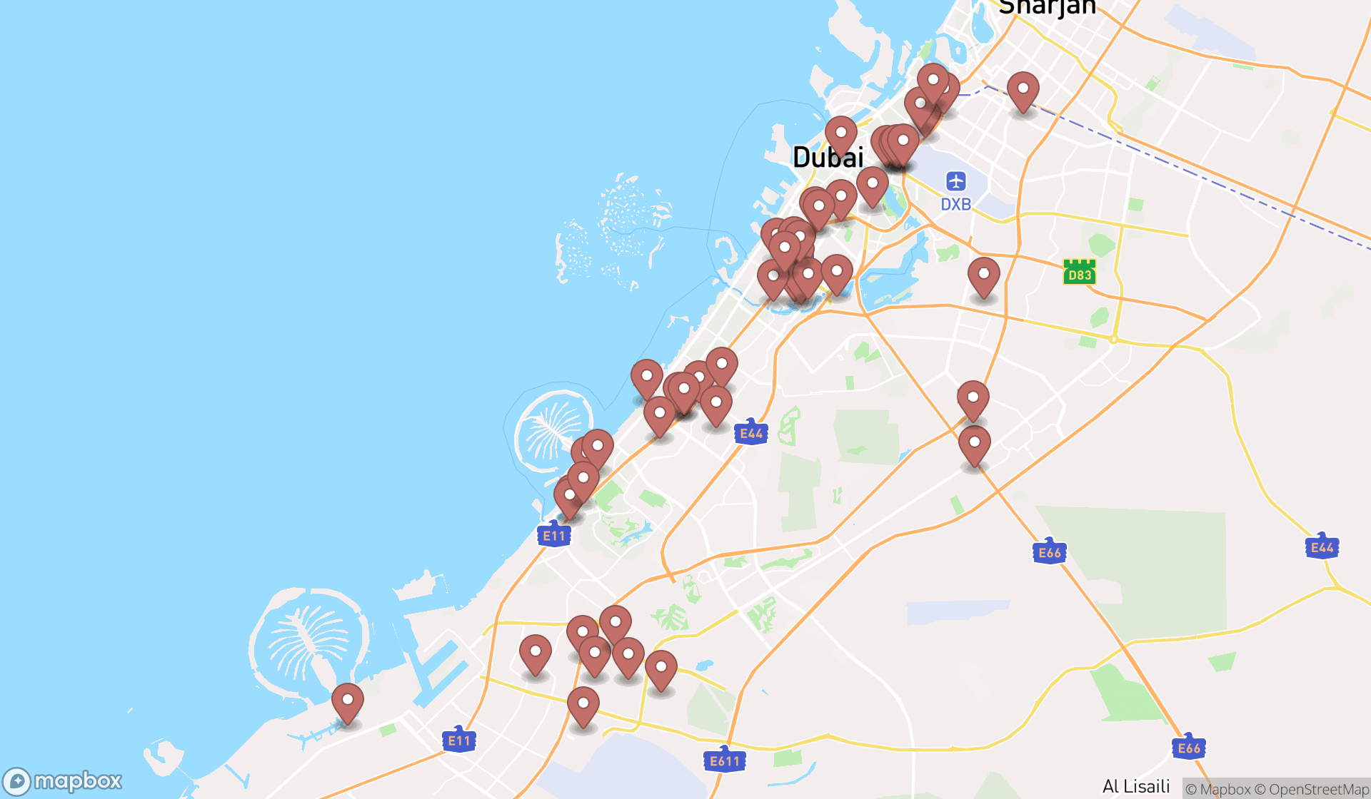 Map showing the search results in Dubai