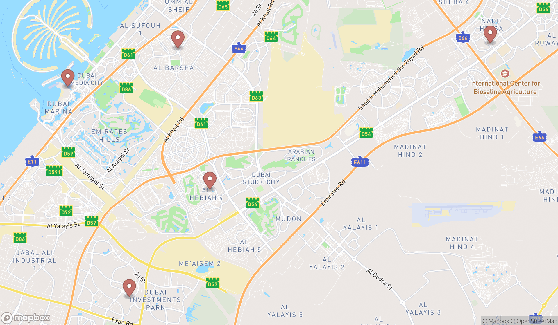 Map showing the search results in Dubai