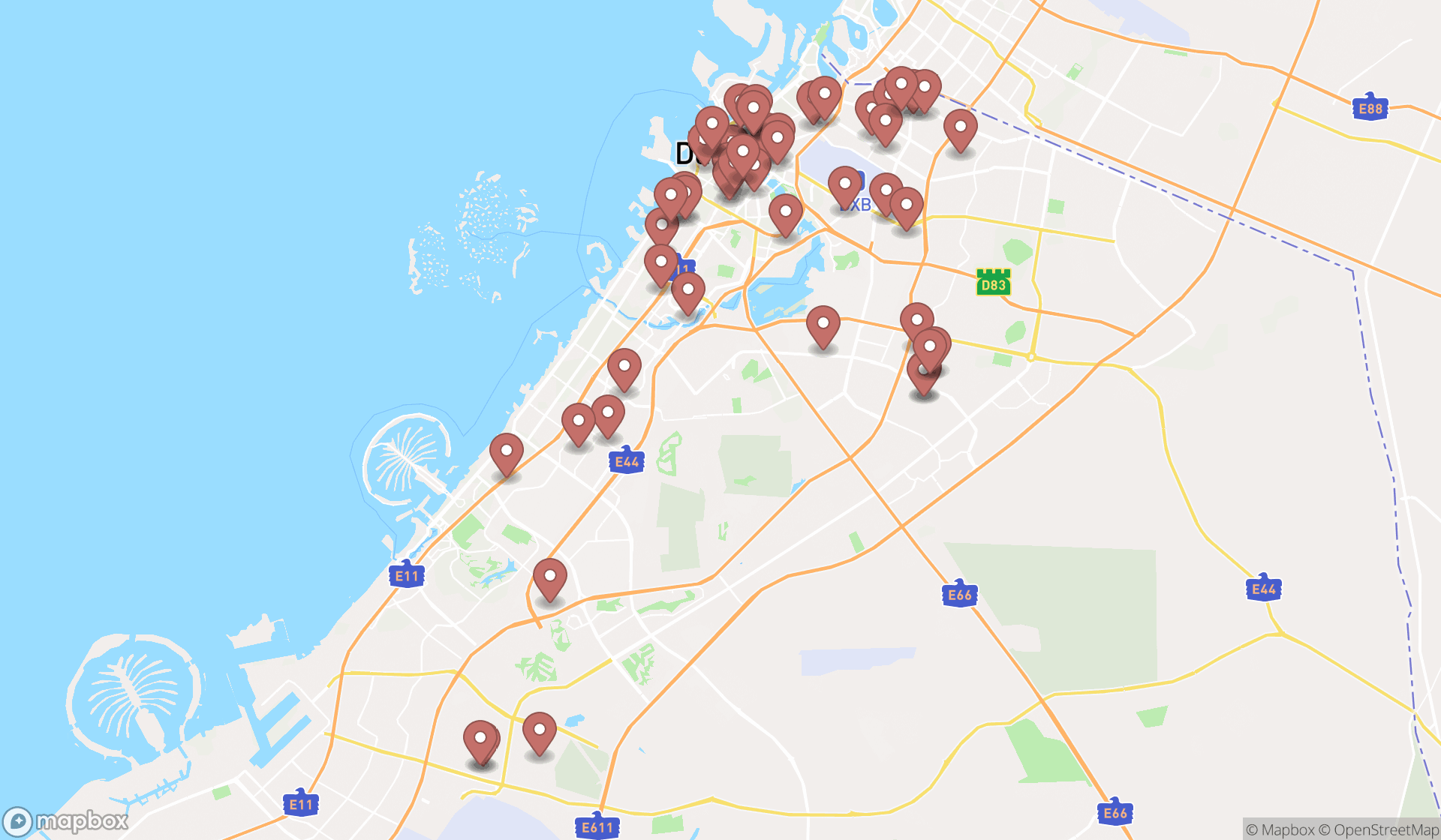 Map showing the search results in Dubai