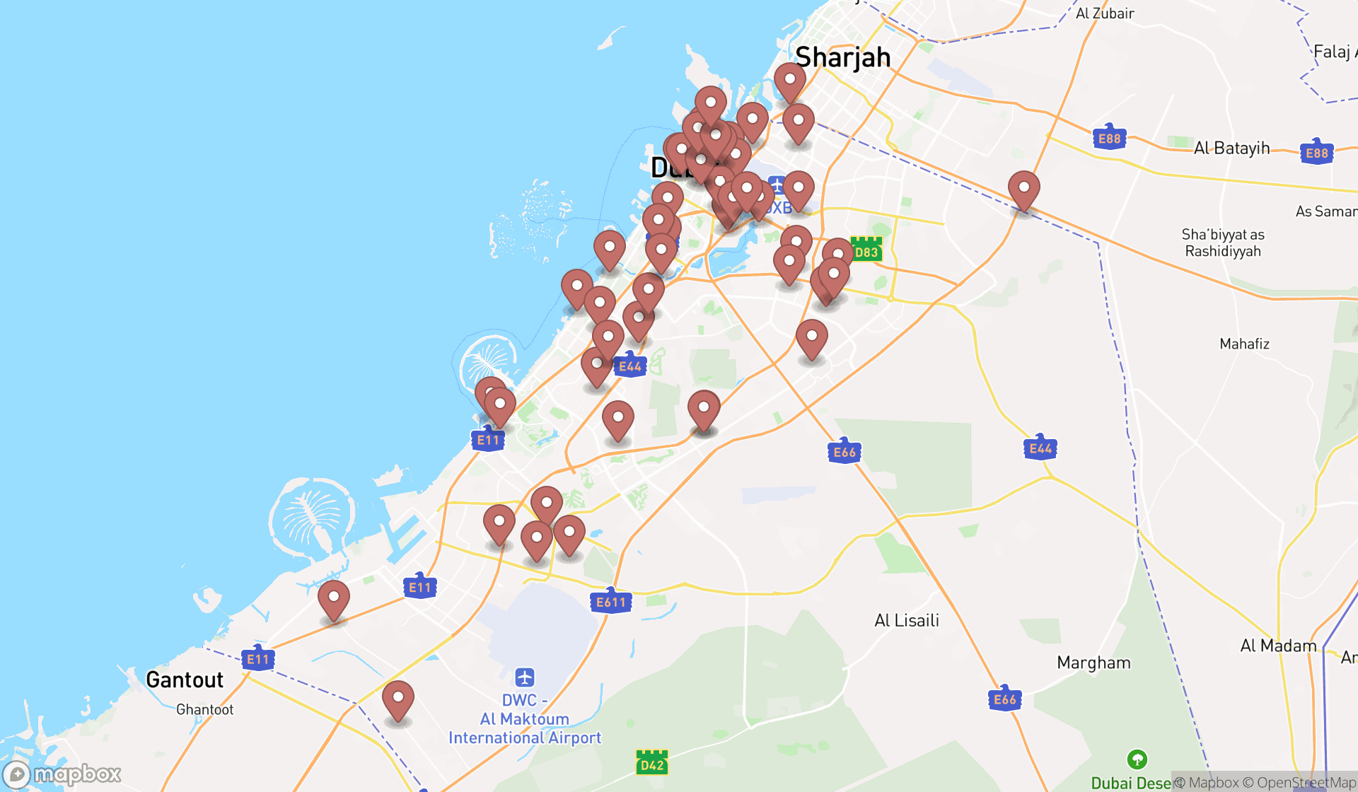 Map showing the search results in Dubai