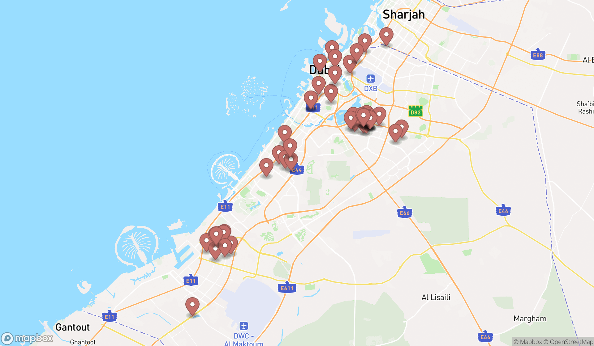 Map showing the search results in Dubai