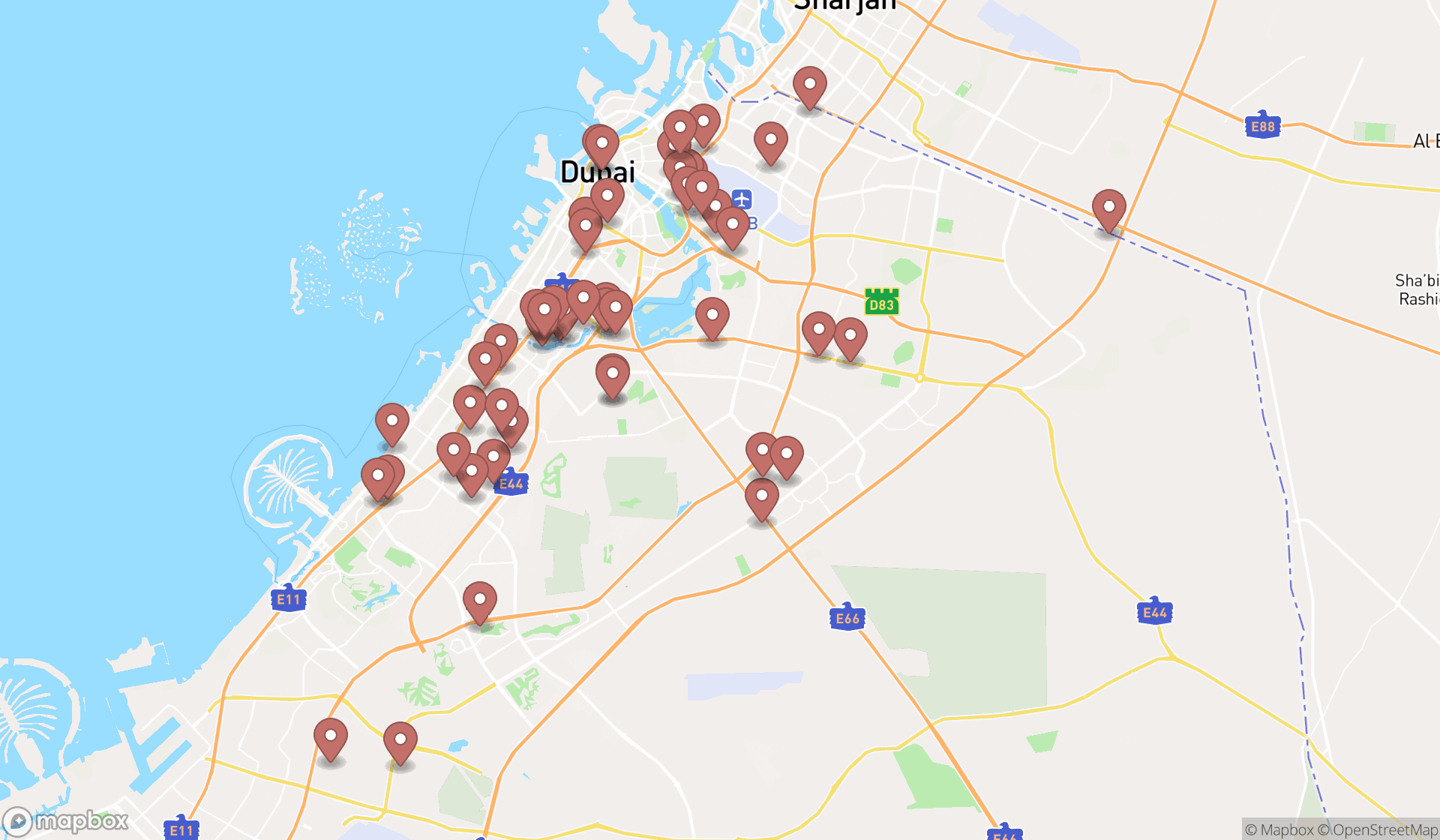 Map showing the search results in Dubai