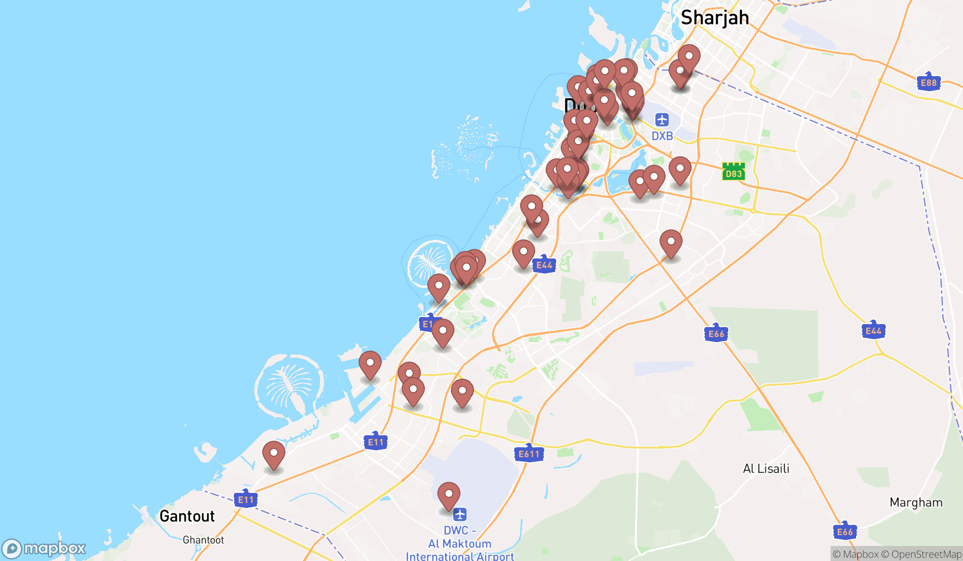 Map showing the search results in Dubai