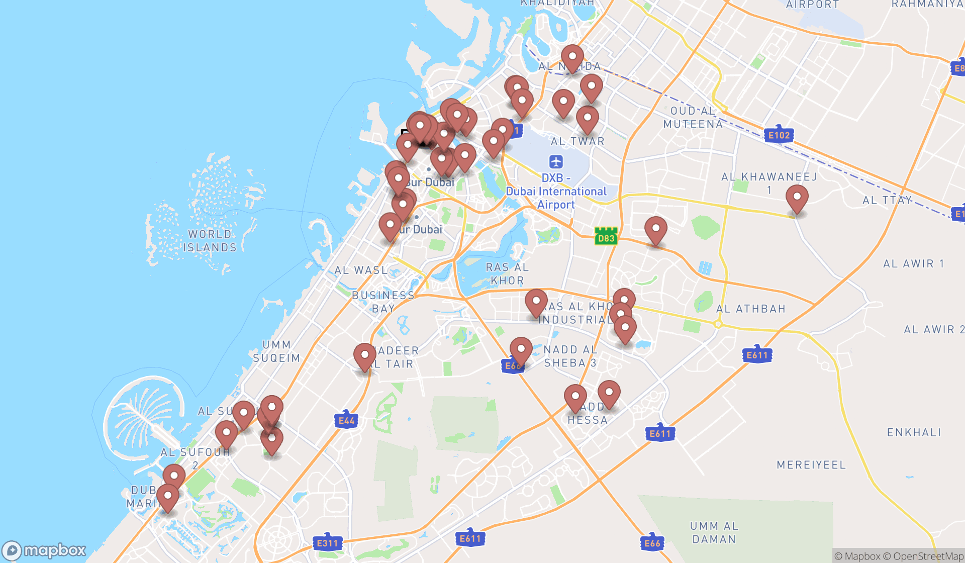 Map showing the search results in Dubai
