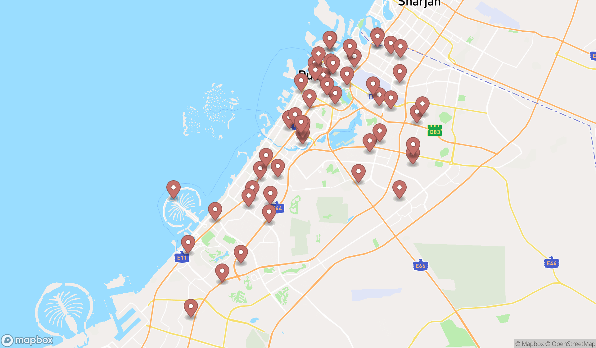 Map showing the search results in Dubai