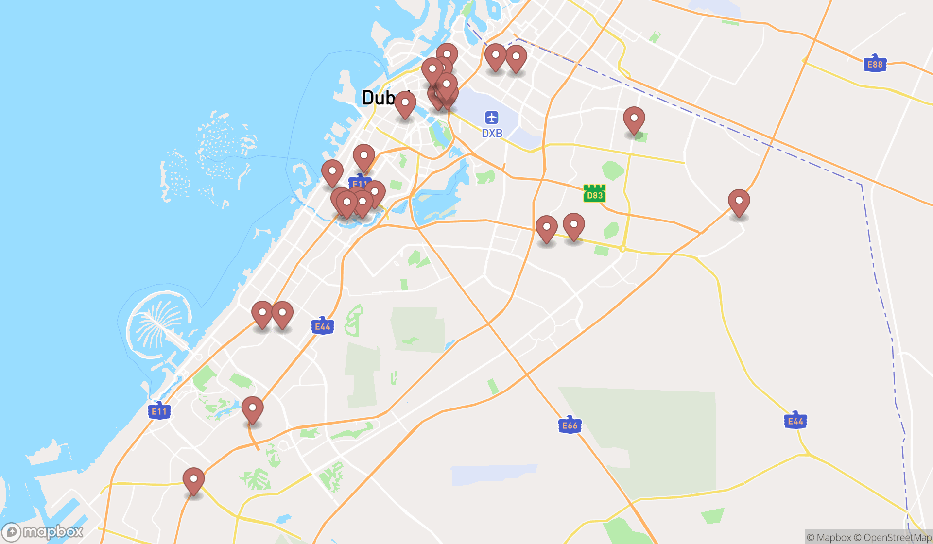 Map showing the search results in Dubai