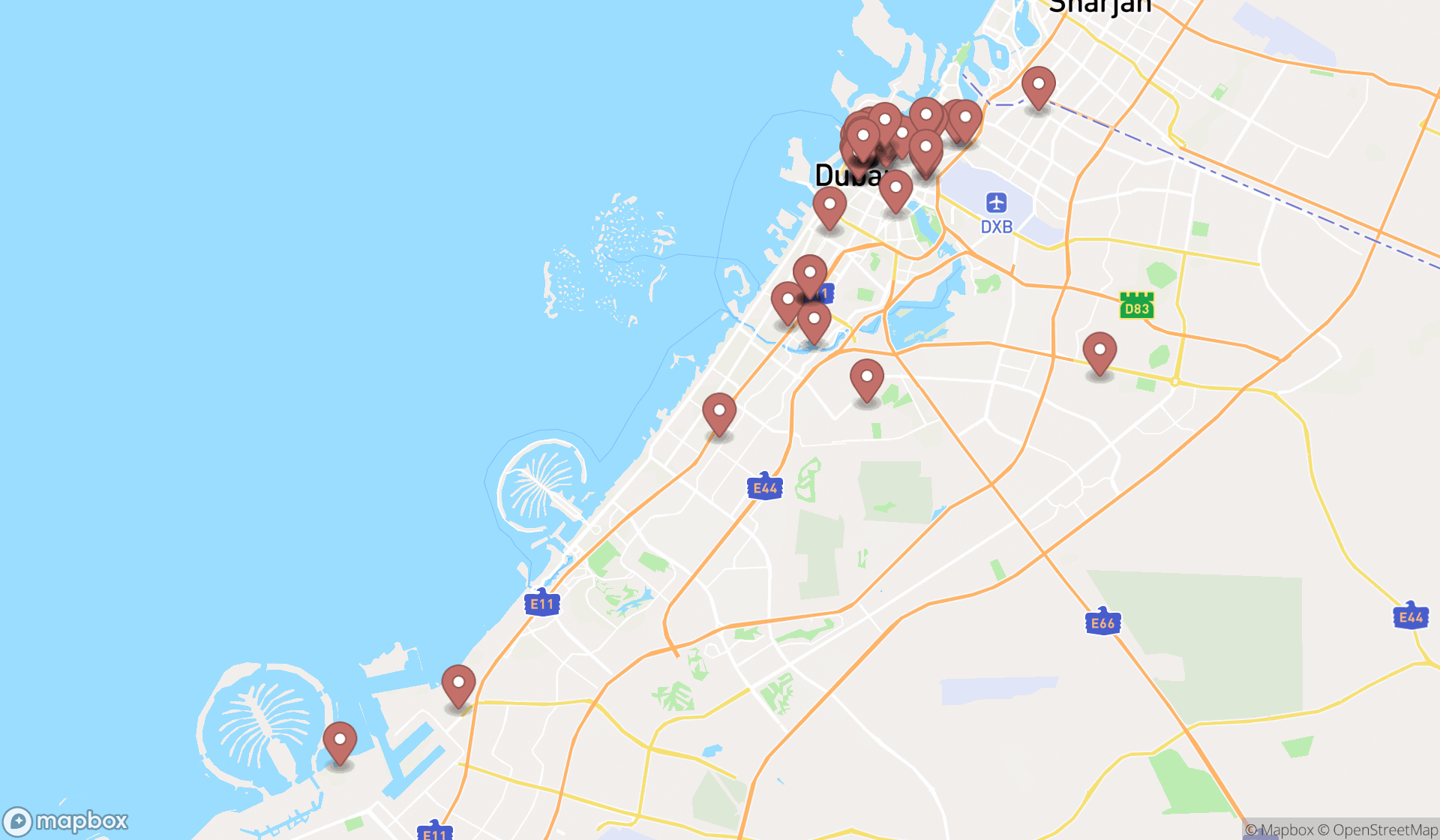 Map showing the search results in Dubai