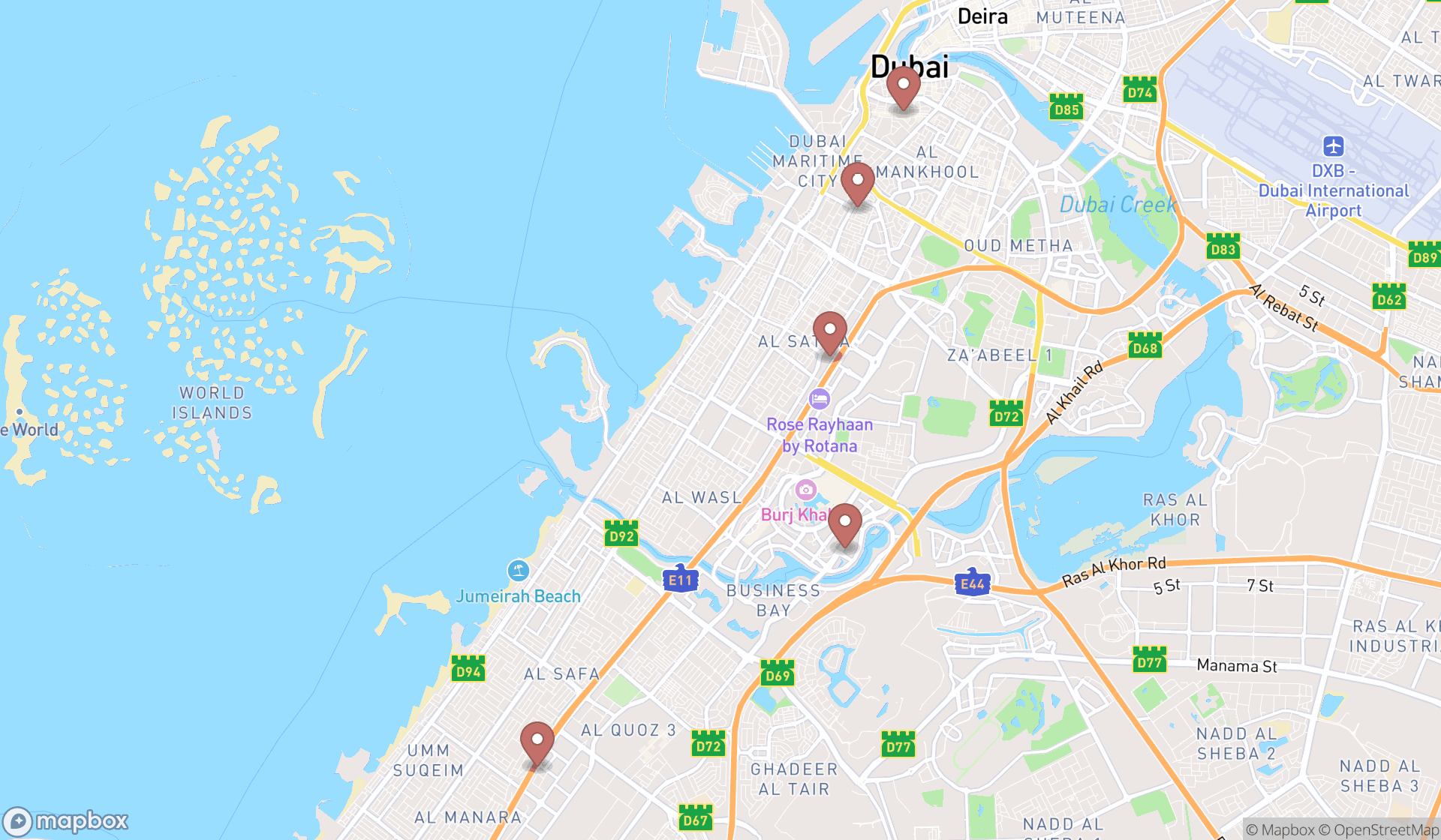 Map showing the search results in Dubai