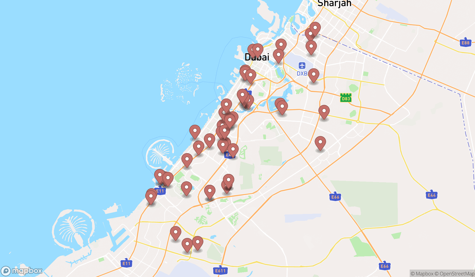 Map showing the search results in Dubai