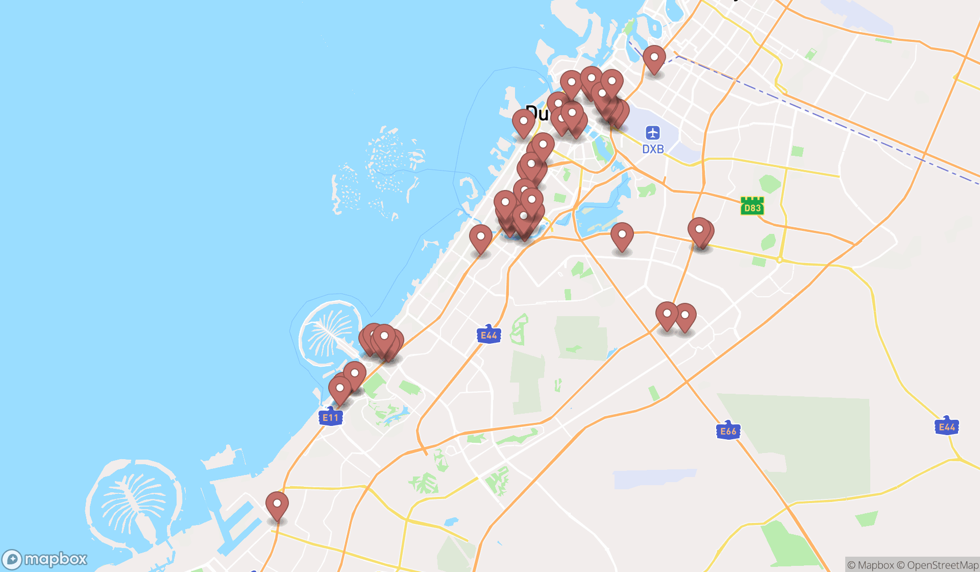Map showing the search results in Dubai