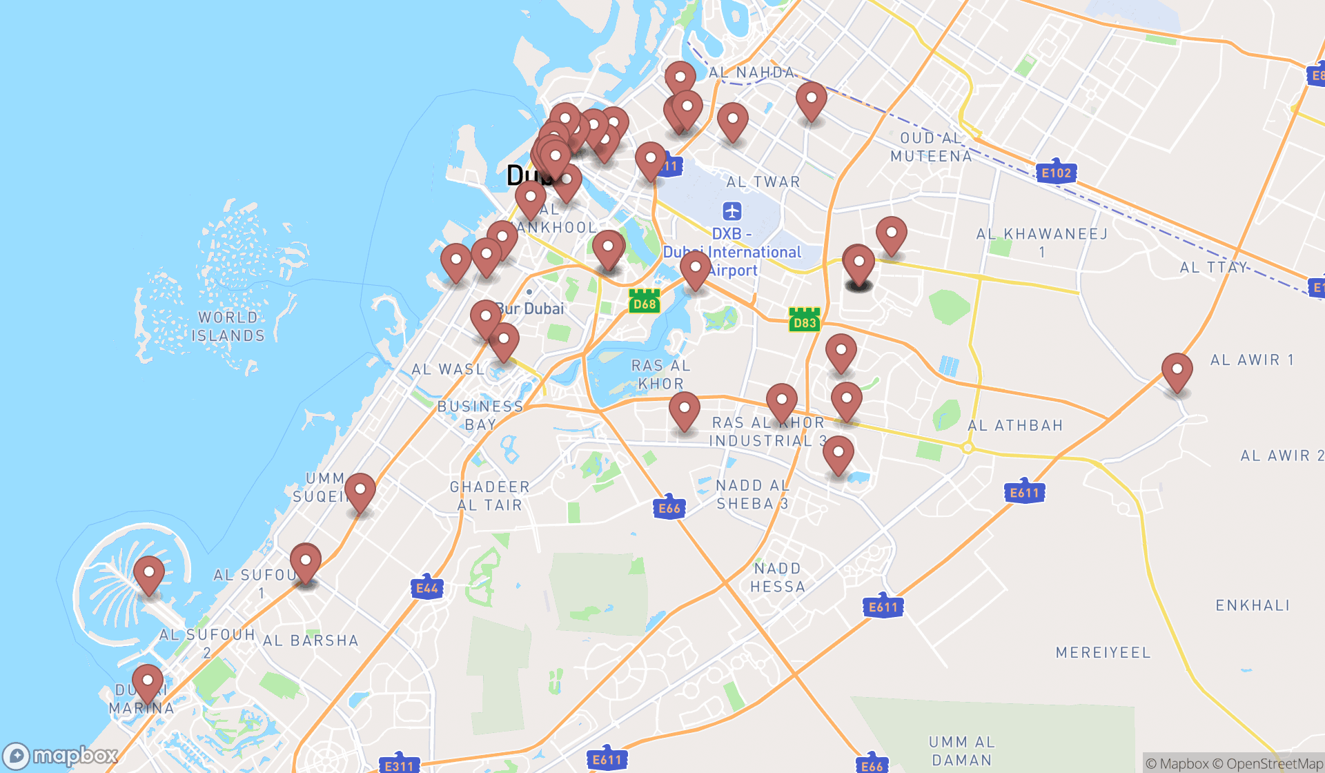 Map showing the search results in Dubai