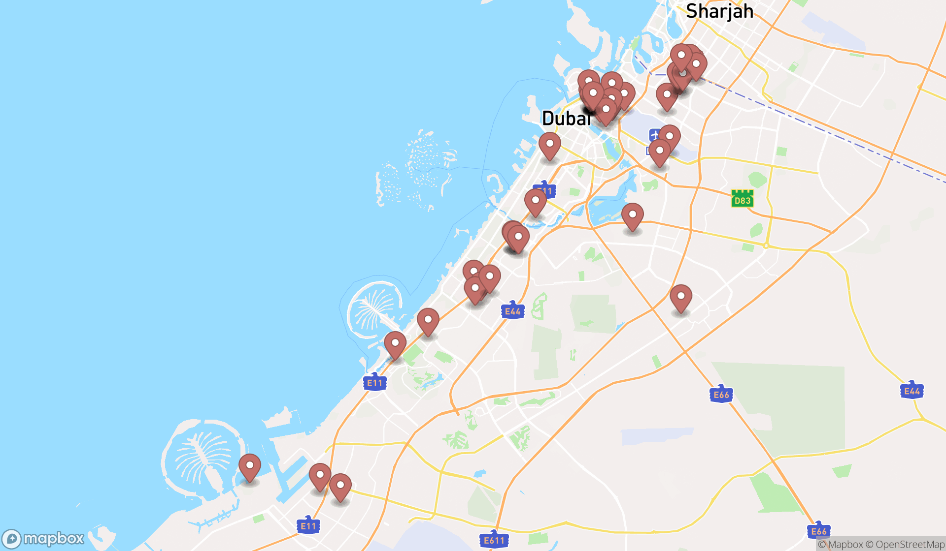 Map showing the search results in Dubai